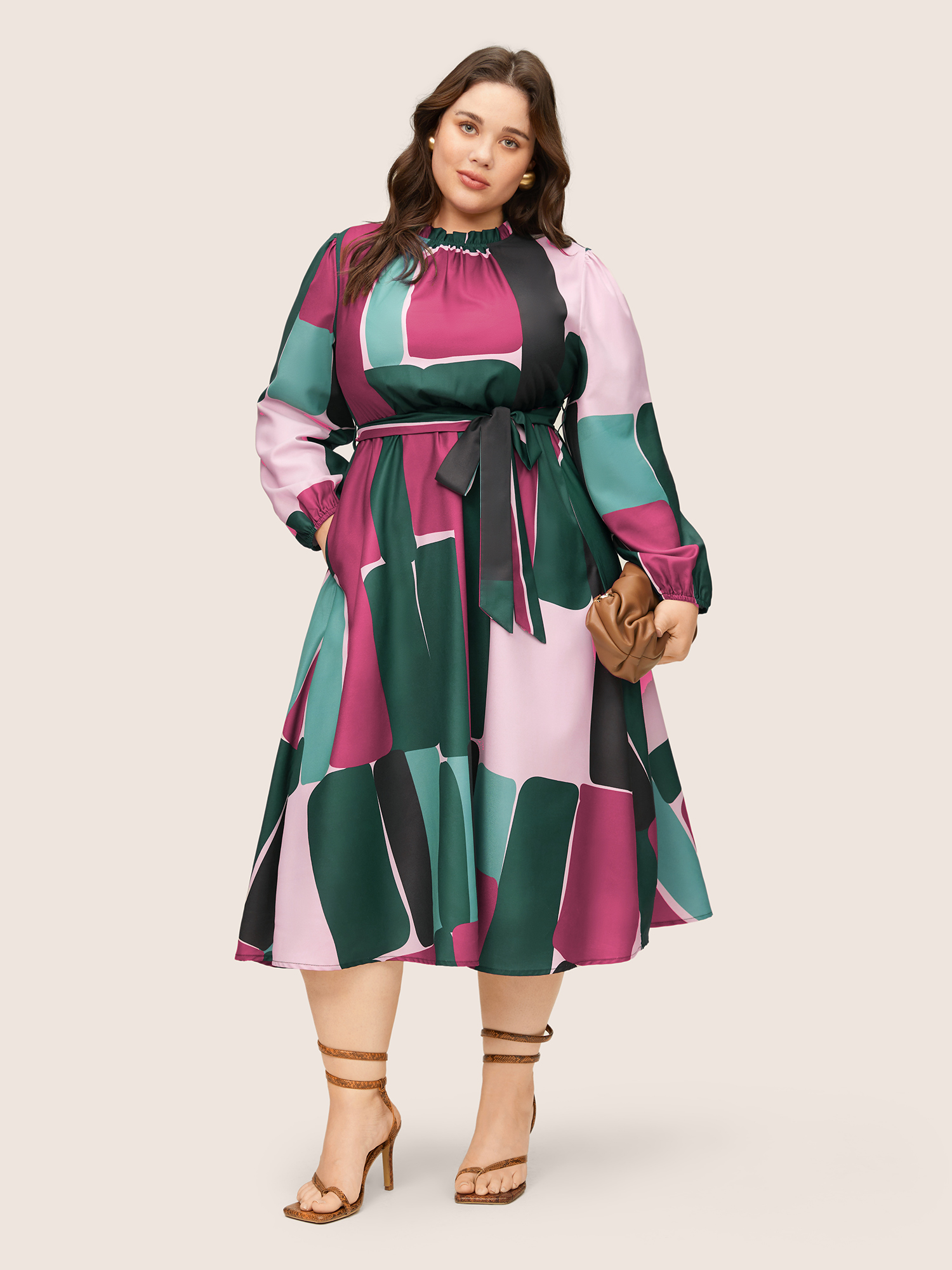 

Plus Size Colorblock Contrast Gathered Frill Trim Belted Dress RedViolet Women Non Curvy Midi Dress BloomChic