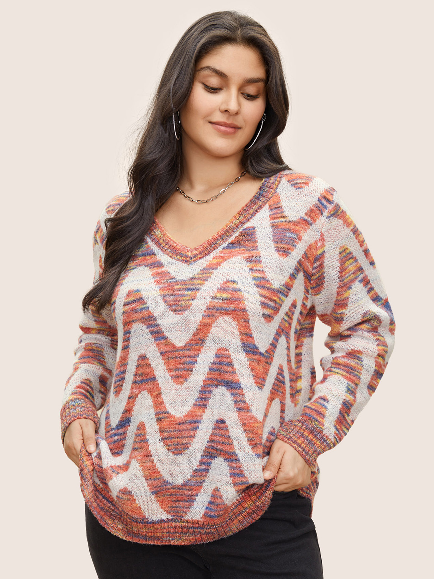 

Asymmetrical Heather Wave Elastic Cuffs Pullover Plus Size Rust Women Contrast Ombre V-neck Long Sleeve  Bloomchic