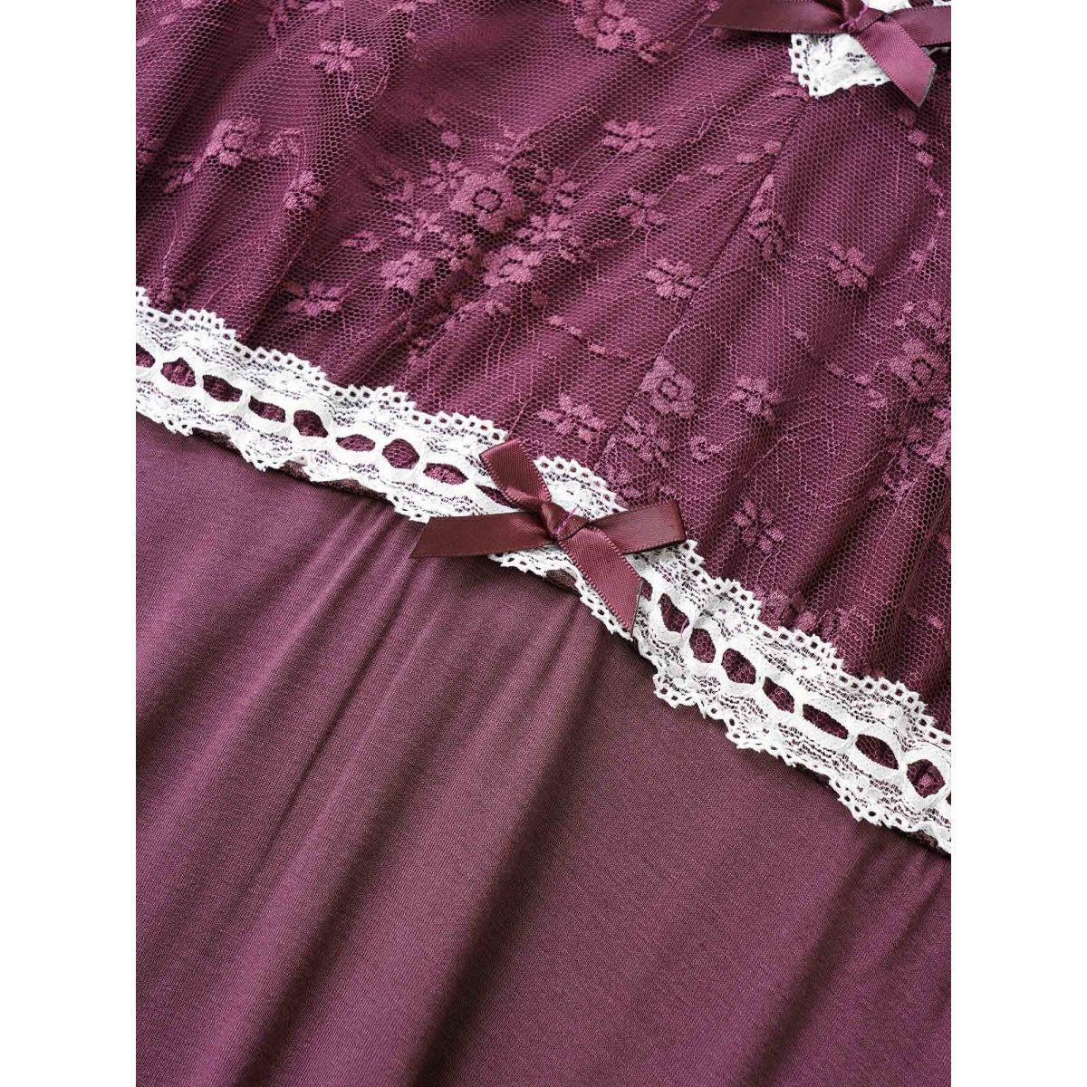 

Plus Size Lace Patchwork Contrast Bowknot Sleep Dress Burgundy Sleeveless V-neck Lounge Everyday  Bloomchic