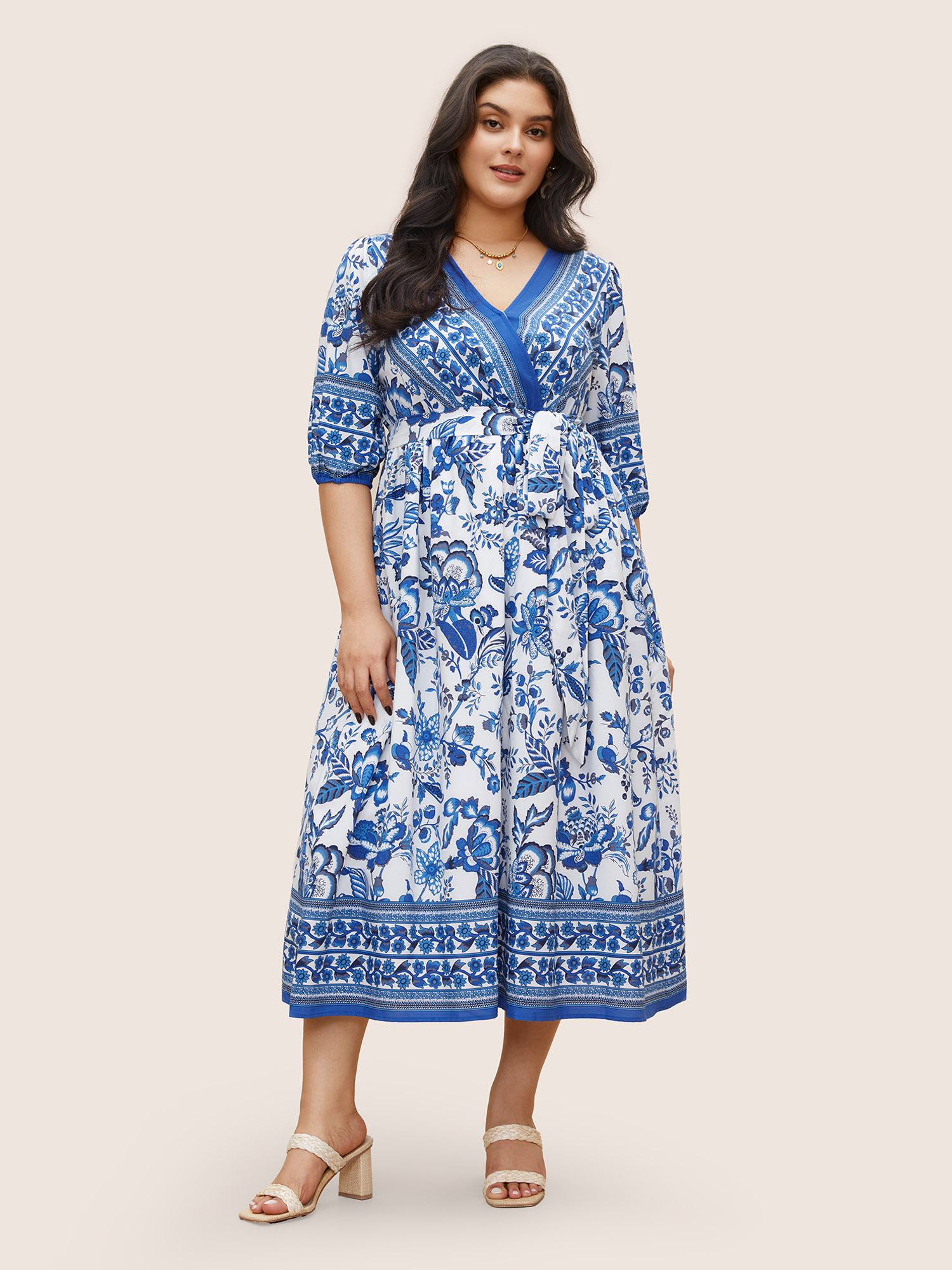

Plus Size Bandana Print Surplice Neck Lantern Sleeve Pocket Belted Midi Dress Blue Women Non V-neck Half Sleeve Curvy Midi Dress BloomChic