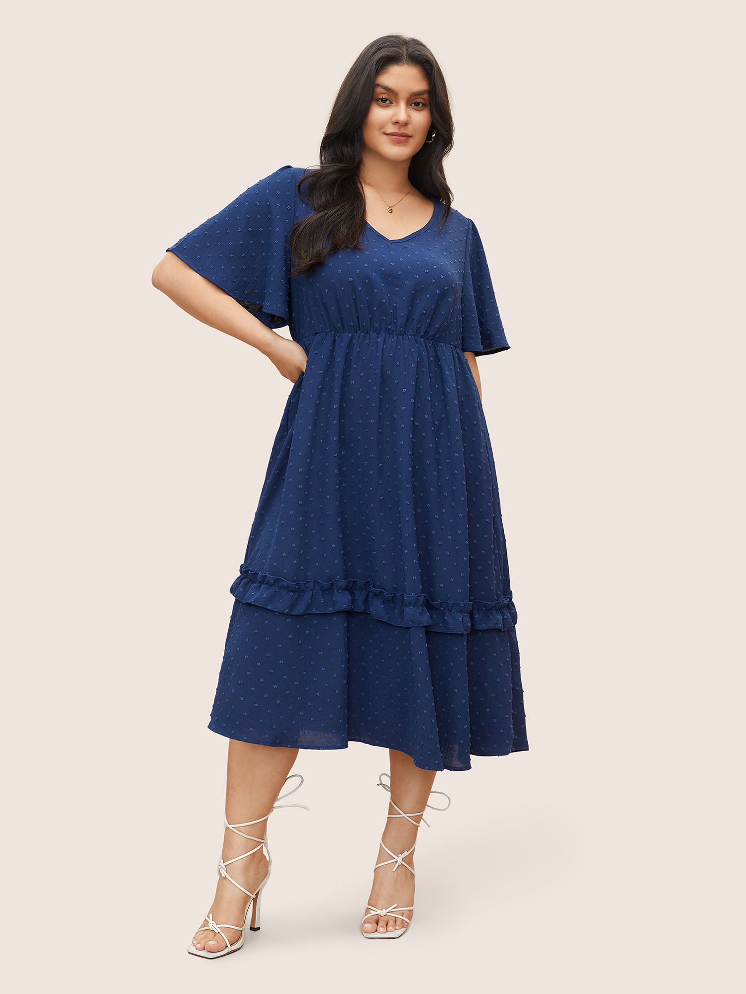 

Polka Dot Shirred Plus Size Women Elegance Dress Plain Pocket Ruffle Sleeve Short Sleeve V Neck Pocket Dailywear Midi Dress BloomChic, Navy