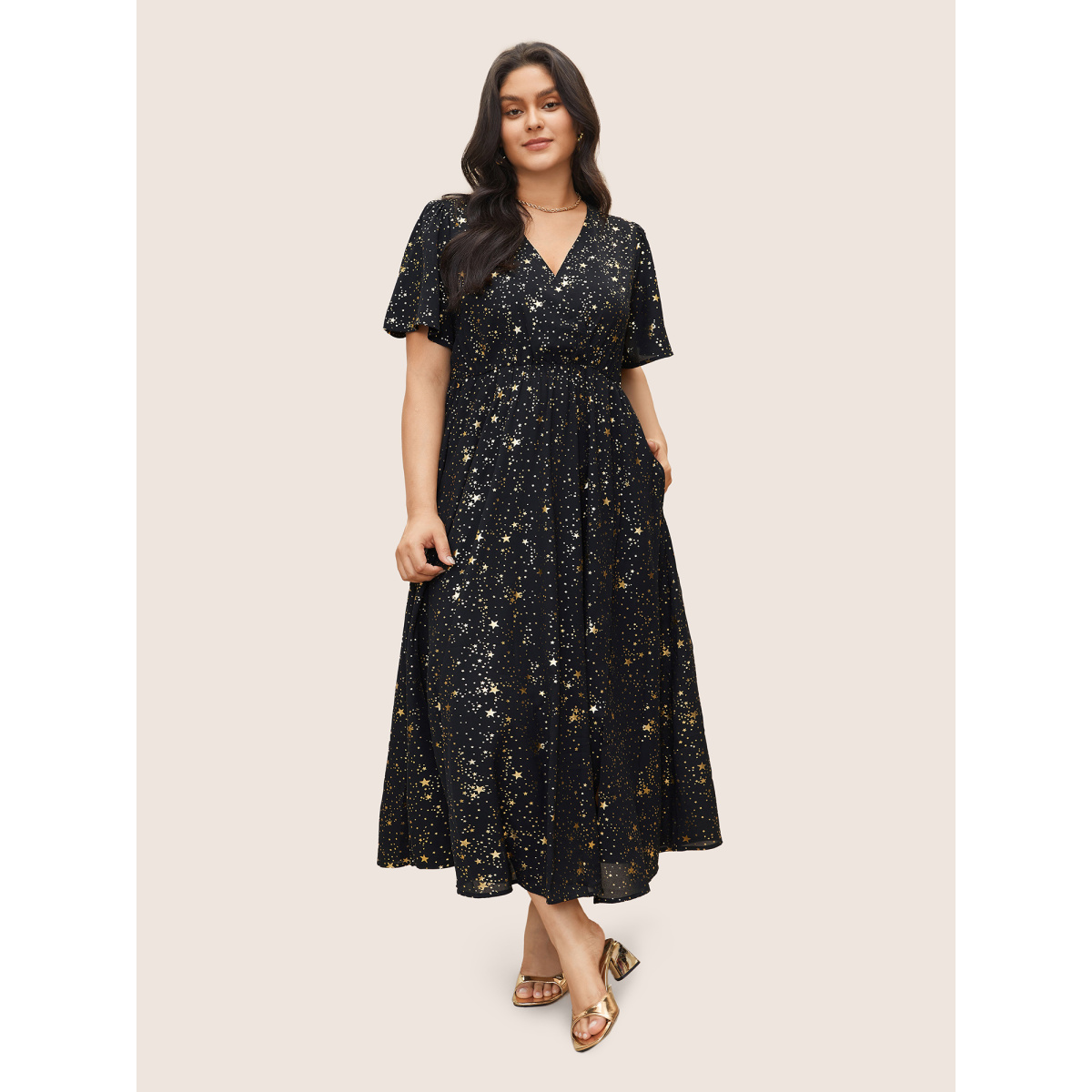 

Moon and Star Galaxy Print Plus Size Dress Women Party Pocket Ruffle Sleeve Short Sleeve V Neck Pocket Going out Long Dress BloomChic, Black