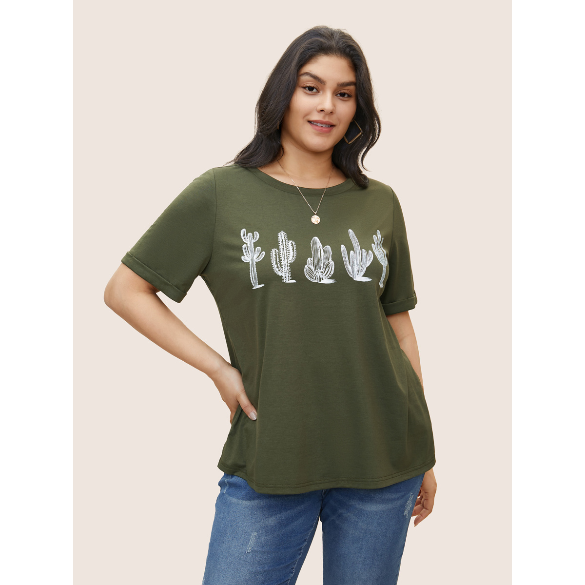 

Plus Size Cactus Print Crew Neck T-shirt ArmyGreen Women Casual Non Natural Flowers Round Neck Everyday T-shirts BloomChic
