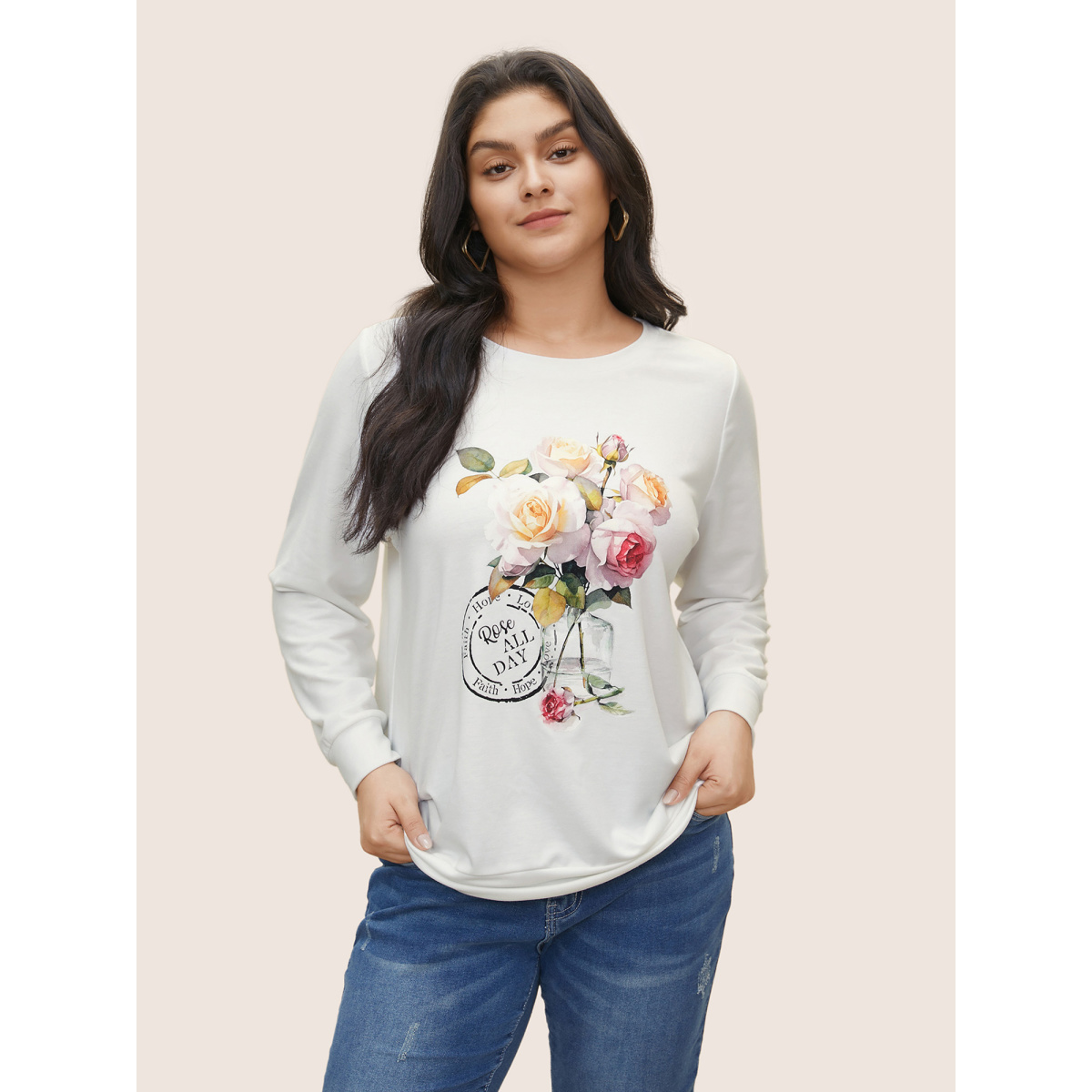 

Plus Size Graphic Natural Floral Print Crew Neck Sweatshirt Women White Casual Non Round Neck Everyday Sweatshirts BloomChic