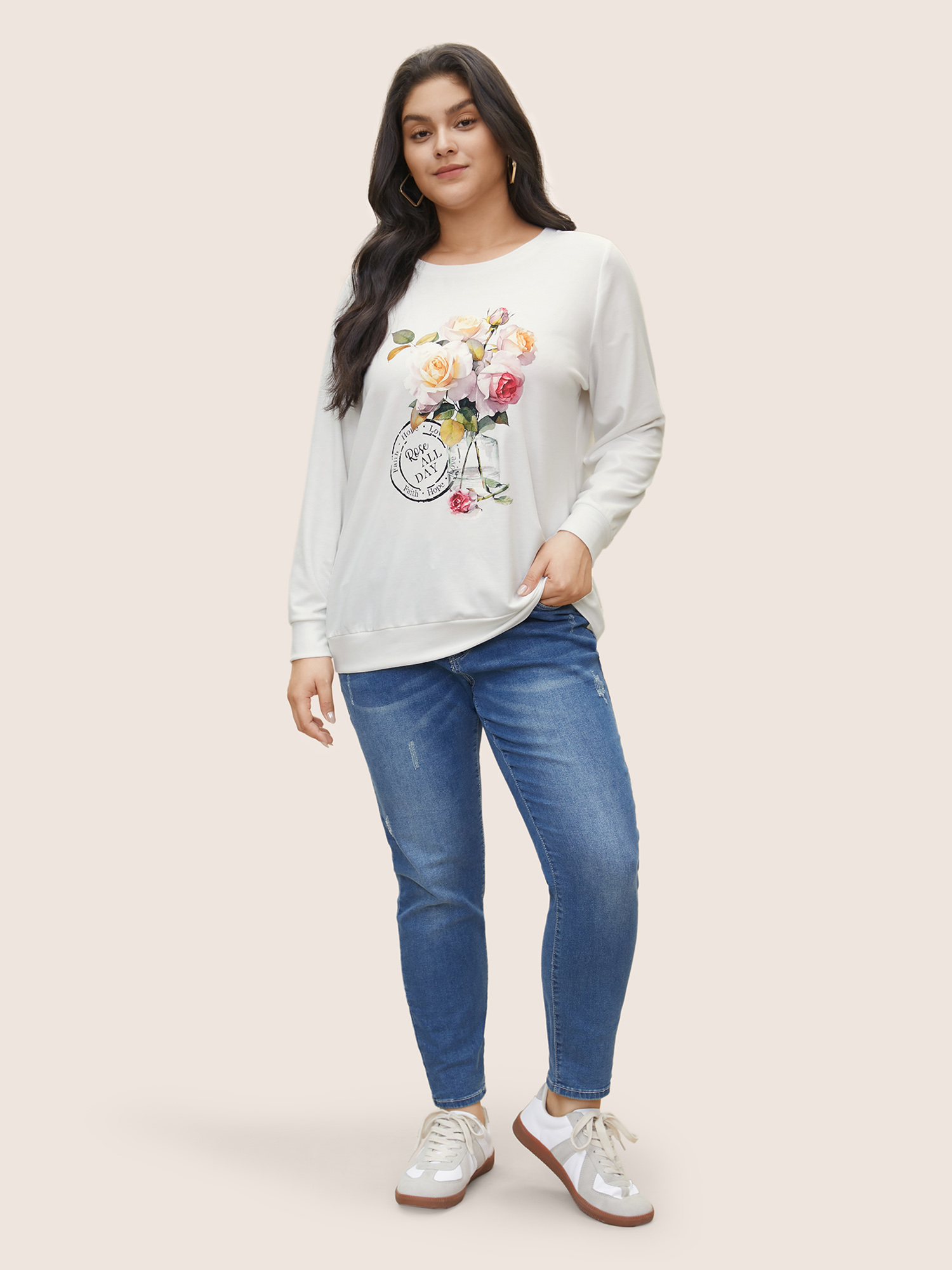 Plus Size Graphic Natural Floral Print Crew Neck Sweatshirt Women White Casual Non Round Neck Everyday Sweatshirts BloomChic 10/M 