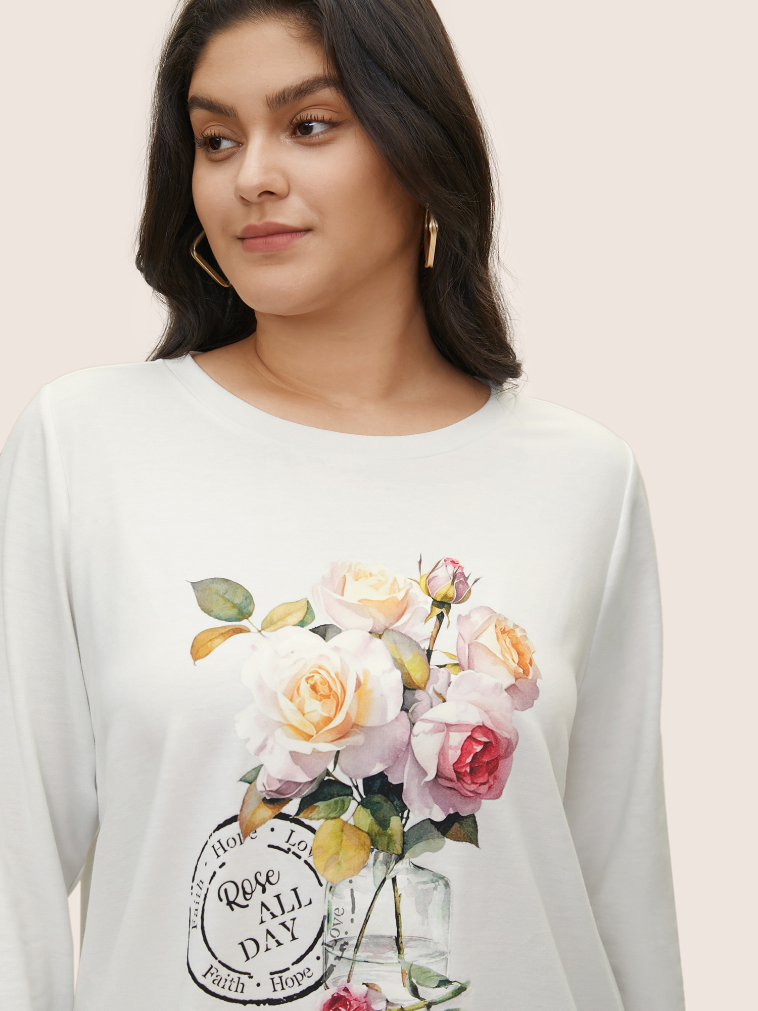 Plus Size Graphic Natural Floral Print Crew Neck Sweatshirt Women White Casual Non Round Neck Everyday Sweatshirts BloomChic 10/M 
