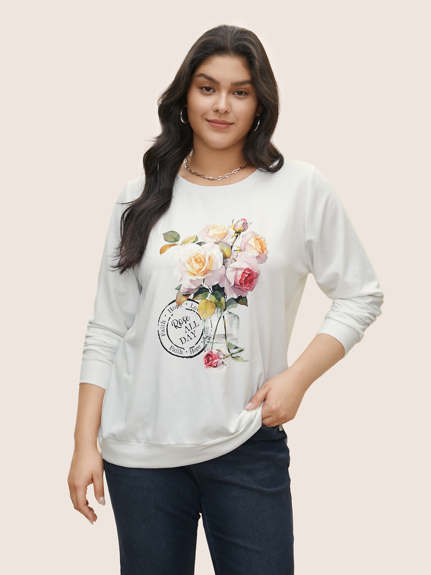 Plus Size Graphic Natural Floral Print Crew Neck Sweatshirt Women White Casual Non Round Neck Everyday Sweatshirts BloomChic 10/M 