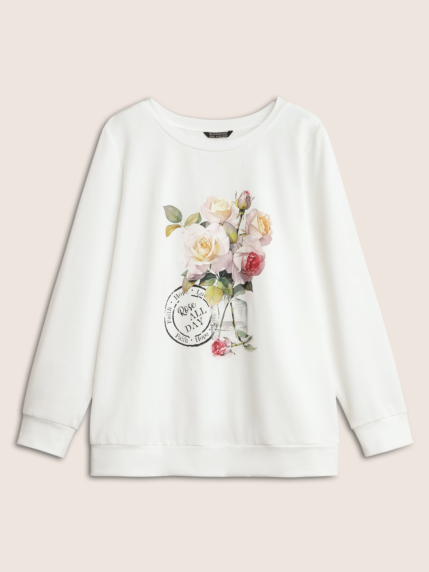 Plus Size Graphic Natural Floral Print Crew Neck Sweatshirt Women White Casual Non Round Neck Everyday Sweatshirts BloomChic 10/M 