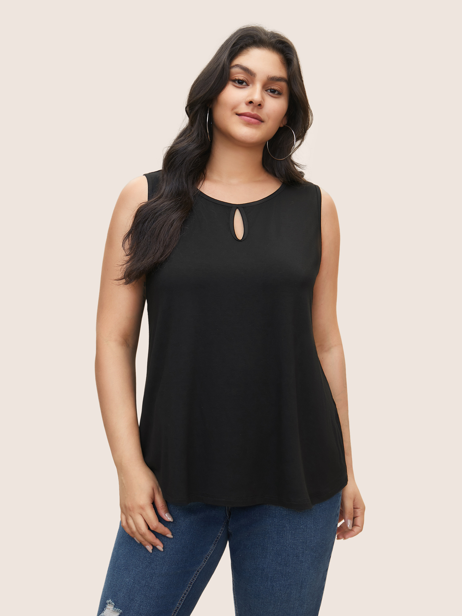 

Plus Size Supersoft Essentials Solid Keyhole Tank Top Women Black Casual Non Round Neck Everyday Tank Tops Camis BloomChic