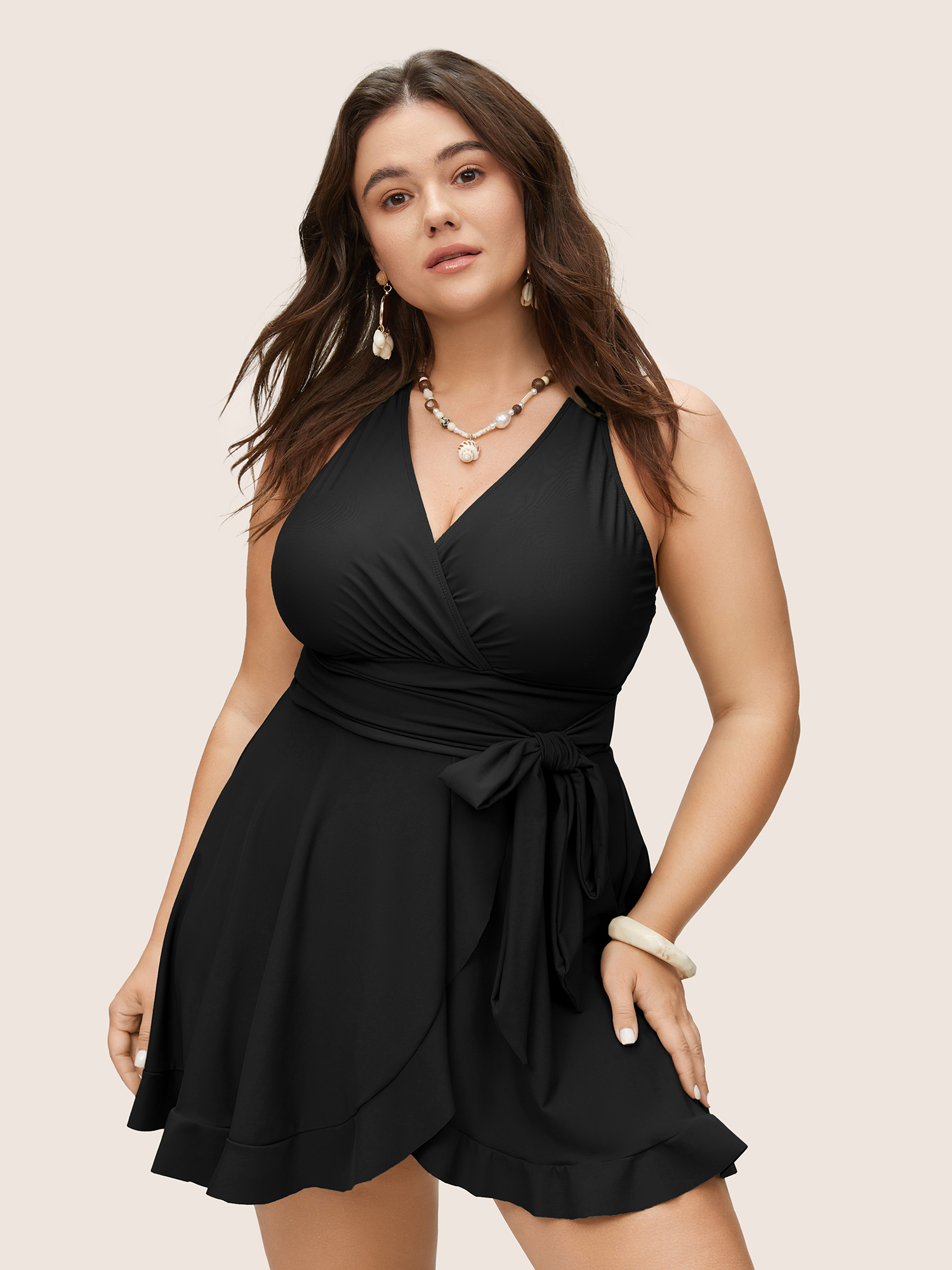 

Plus Size Plain Ties Wrap Flutters Swim Dress Women's Swimwear Black Beach Bodycon Overlap Collar High stretch Curve Swim Dresses BloomChic