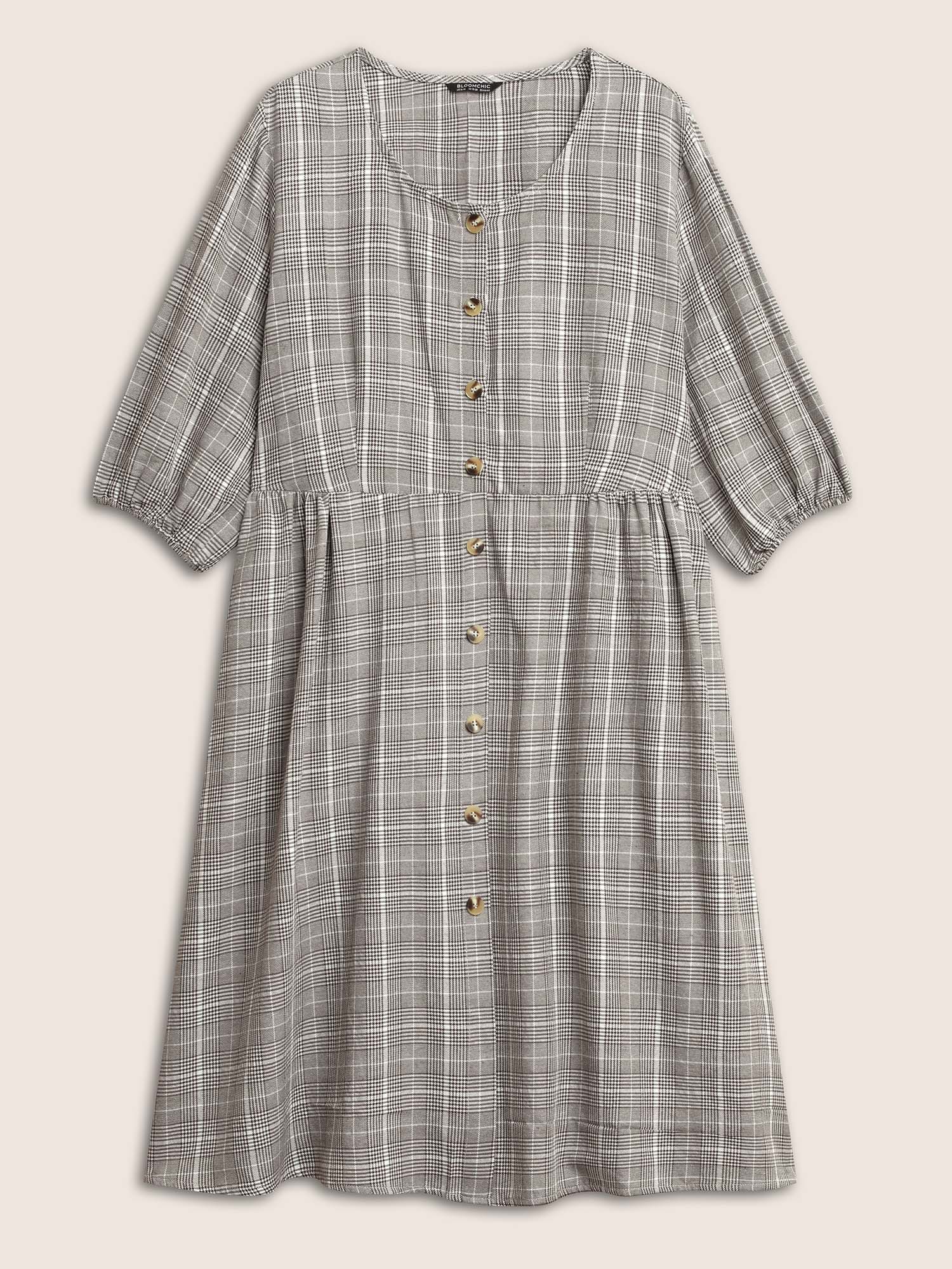 

Plus Size Plaid Button Detail Pocket Lantern Sleeve Dress Chocolate Women At the Office Non Round Neck Elbow-length sleeve Curvy Knee Dress BloomChic