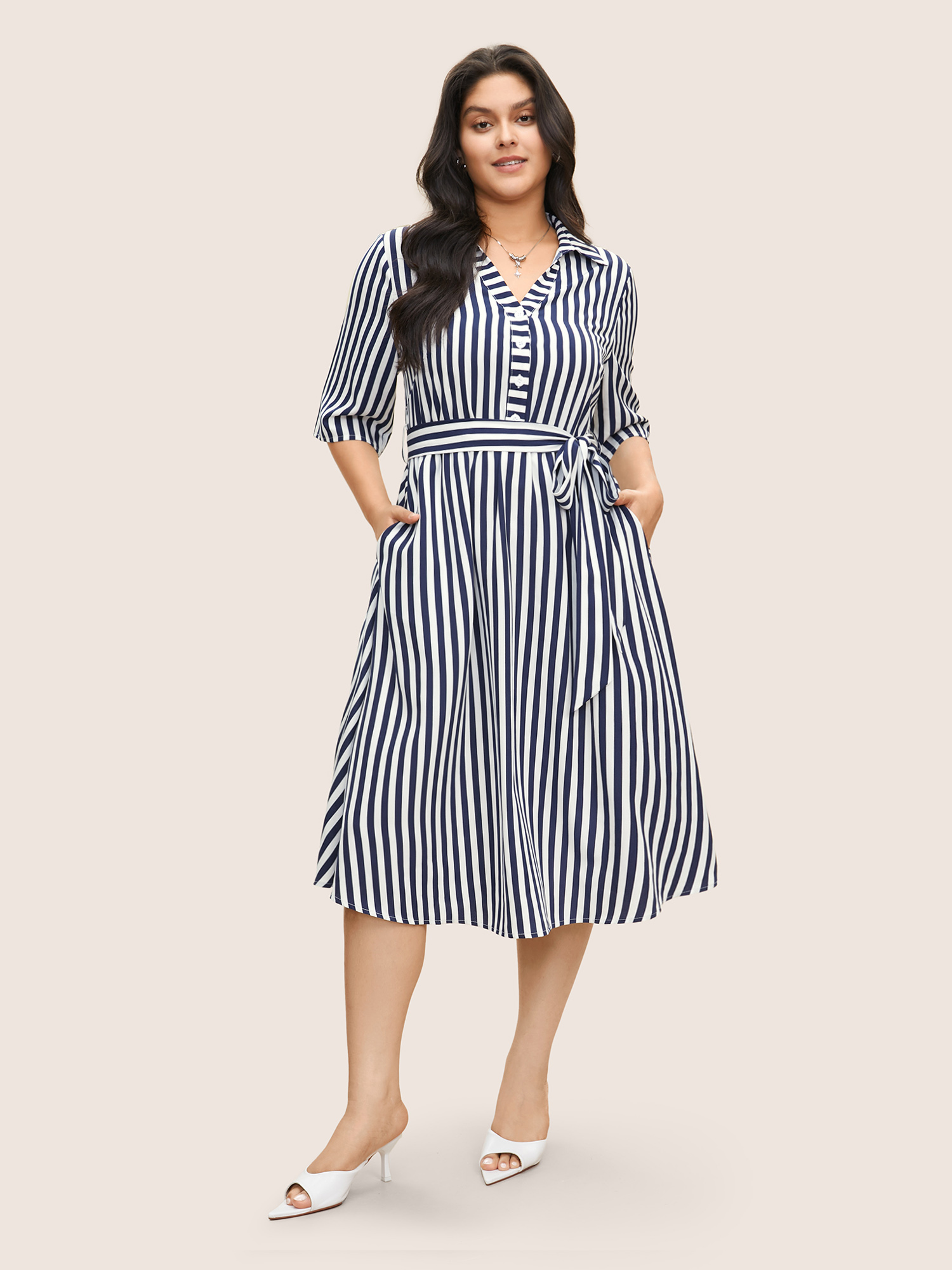 

Plus Size Striped Belted Shirt Collar Button Up Dress DarkBlue Women At the Office Non Shirt collar Short sleeve Curvy Midi Dress BloomChic