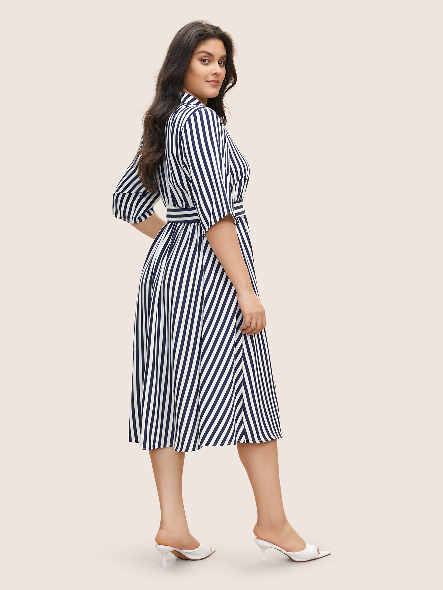 

Plus Size Striped Belted Shirt Collar Button Up Dress DarkBlue Women At the Office Non Shirt collar Short sleeve Curvy Midi Dress BloomChic