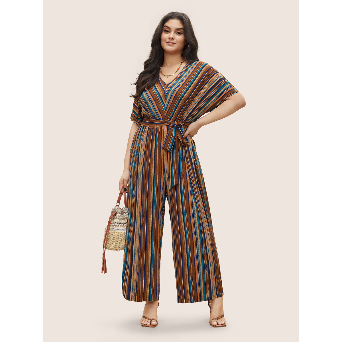 

Plus Size Multicolor Rayon Contrast Striped Belted Jumpsuit Women Resort Vacation Loose Jumpsuits BloomChic