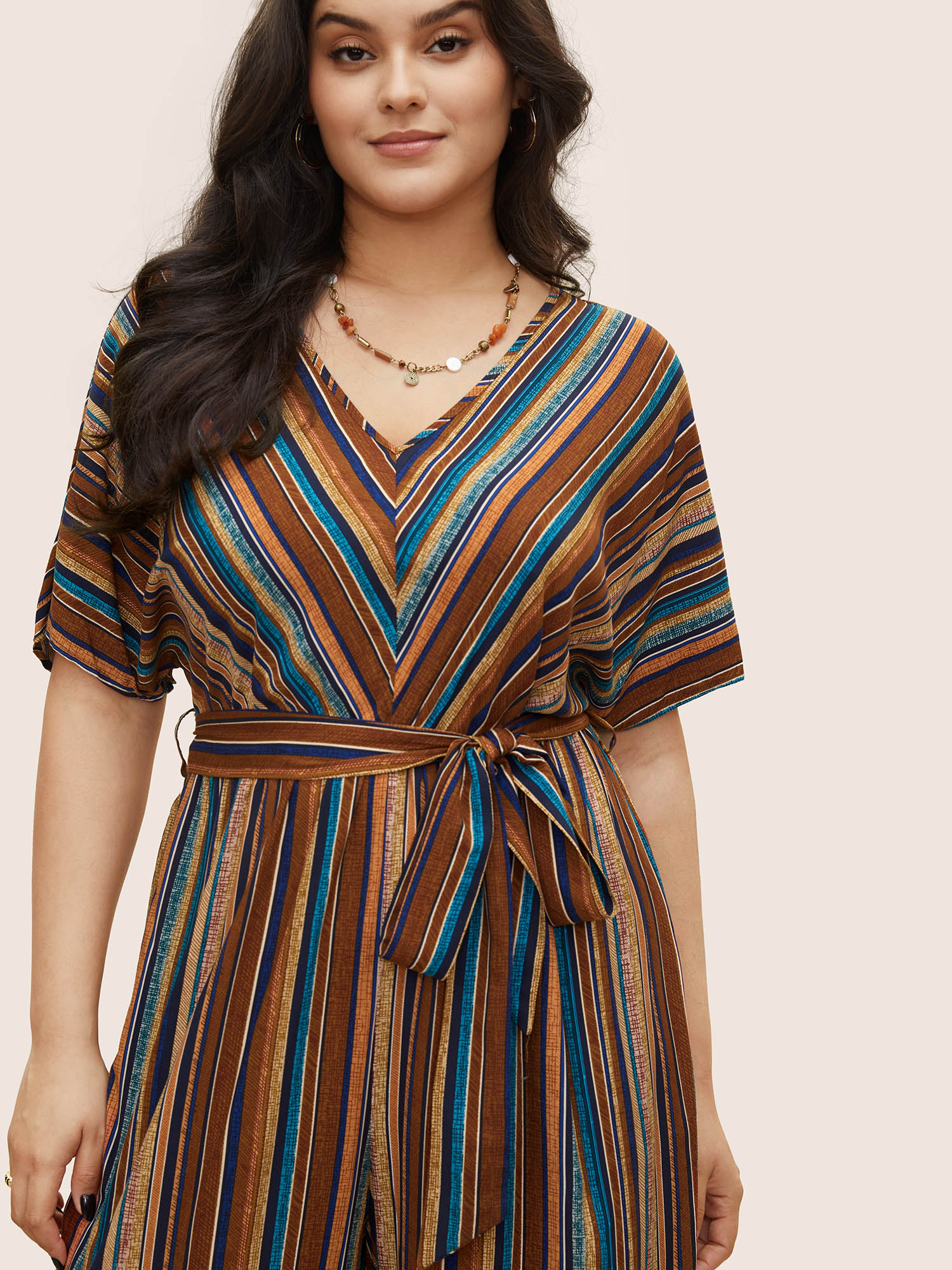 Plus Size Multicolor Rayon Contrast Striped Belted Jumpsuit Women Resort Short sleeve V-neck Vacation Loose Jumpsuits BloomChic 28/5X 
