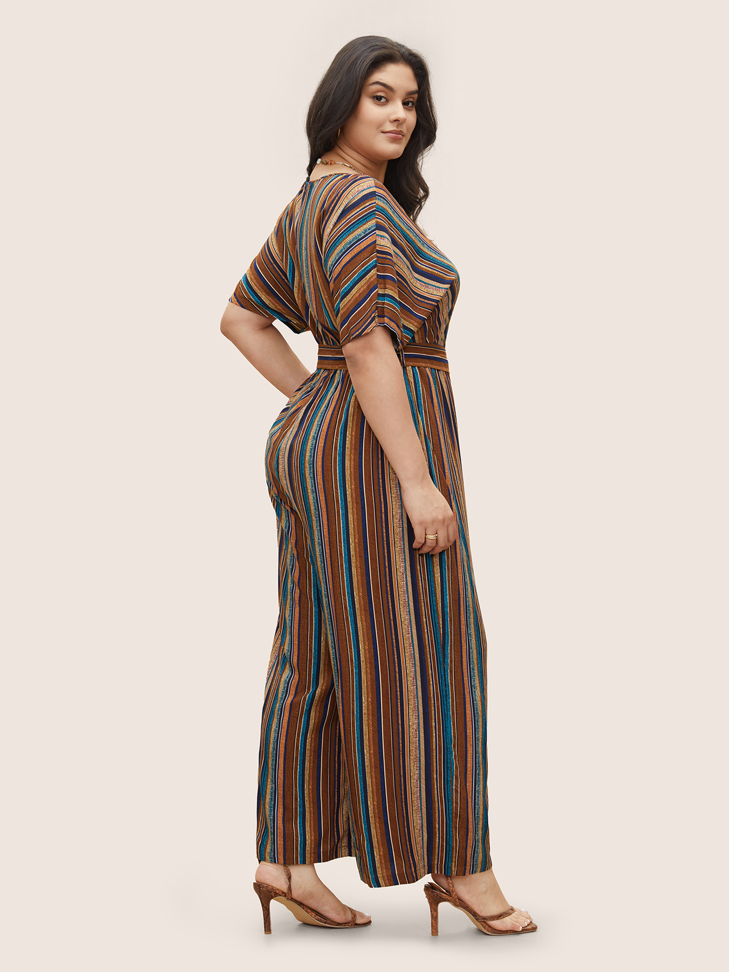 Plus Size Multicolor Rayon Contrast Striped Belted Jumpsuit Women Resort Short sleeve V-neck Vacation Loose Jumpsuits BloomChic 28/5X 