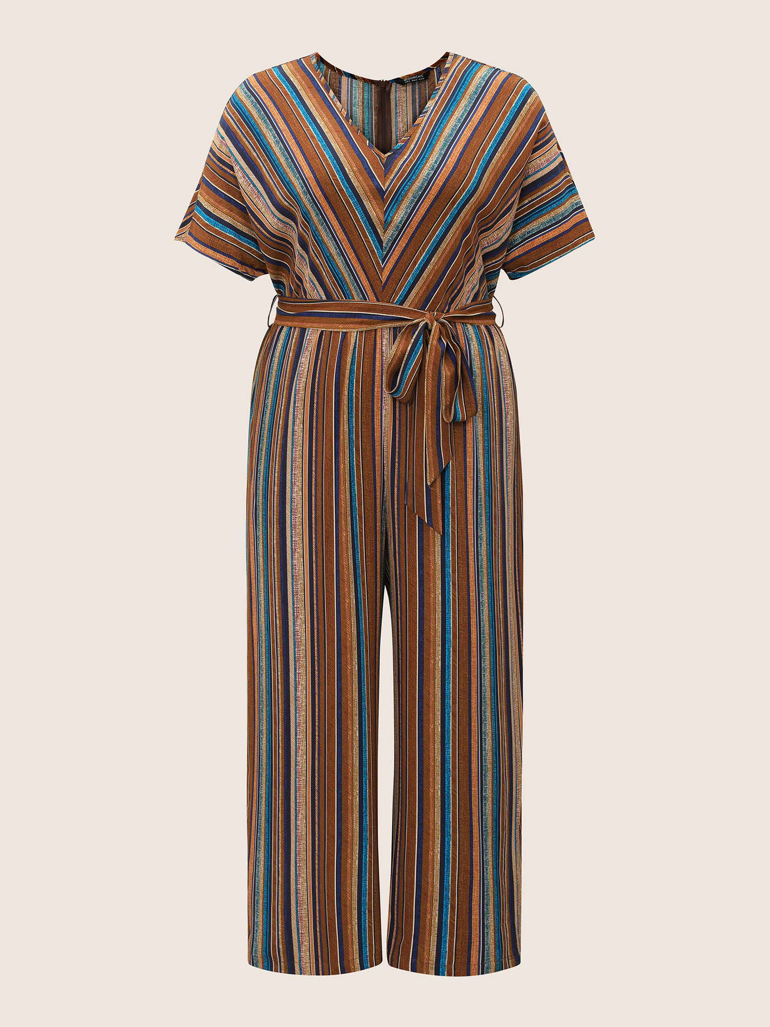 Plus Size Multicolor Rayon Contrast Striped Belted Jumpsuit Women Resort Short sleeve V-neck Vacation Loose Jumpsuits BloomChic 28/5X 
