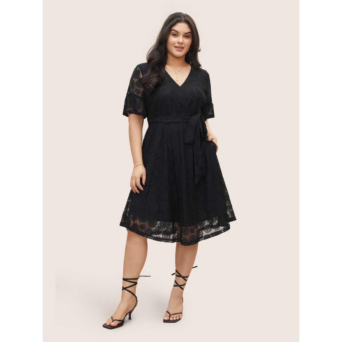 

Plus Size Lace Insert Belted Cut Out Wrap Dress Black Women Non V-neck Short sleeve Curvy Midi Dress BloomChic