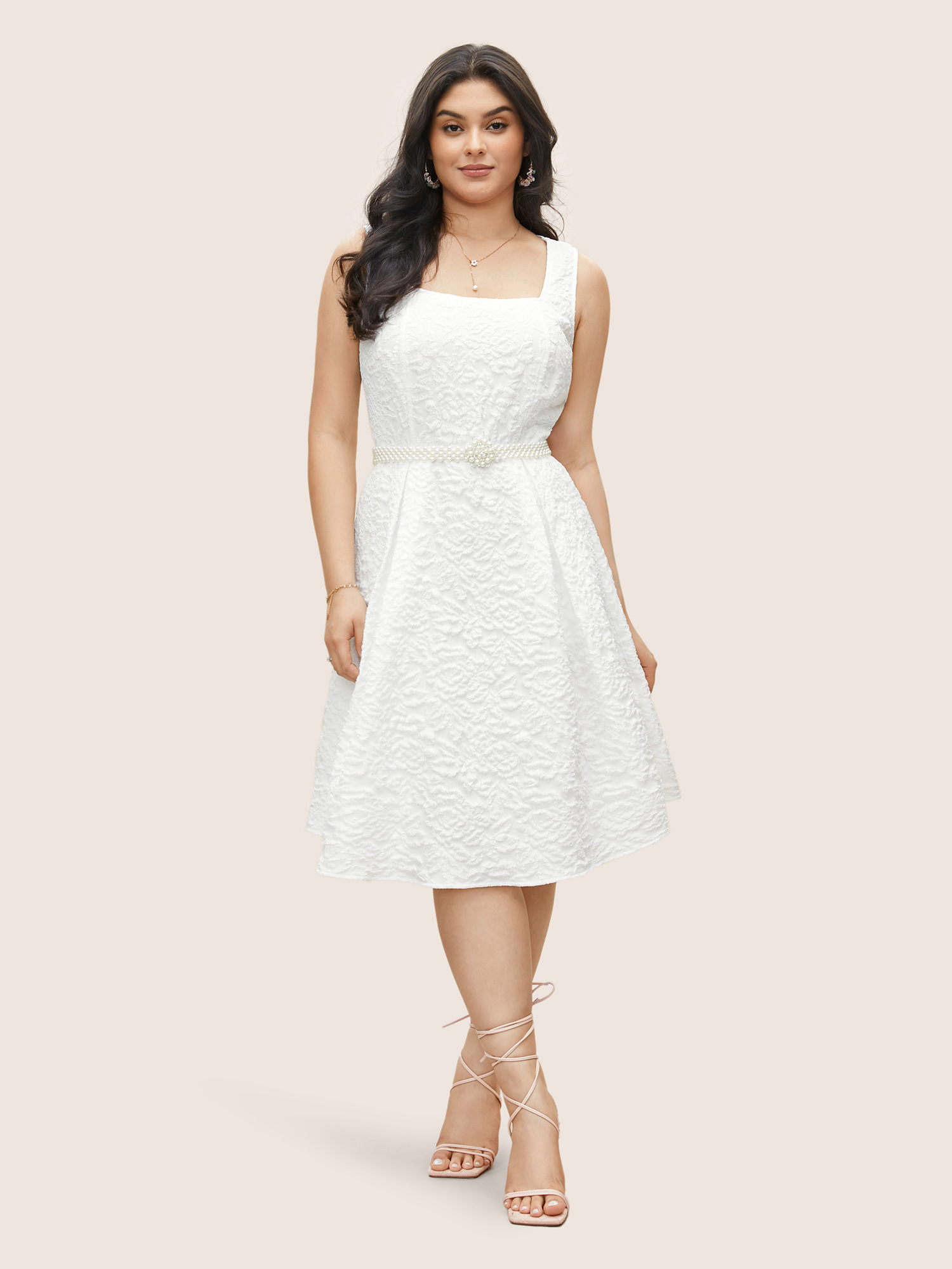 Plus Size Textured Solid Pocket Square Neck Tank Dress White Women Elegant Texture Square Neck Sleeveless Curvy Midi Dress BloomChic 22-24/3X 