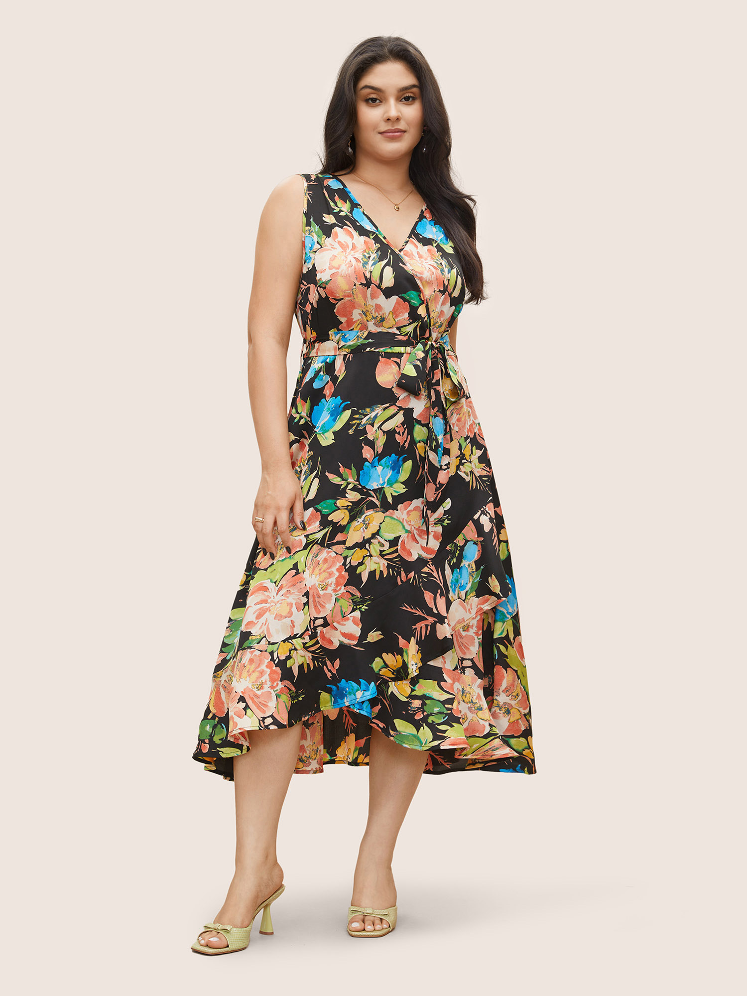 

Plus Size Surplice Neck Floral Print Belted Tank Dress Black Women Elegant Non Overlap Collar Sleeveless Curvy Midi Dress BloomChic