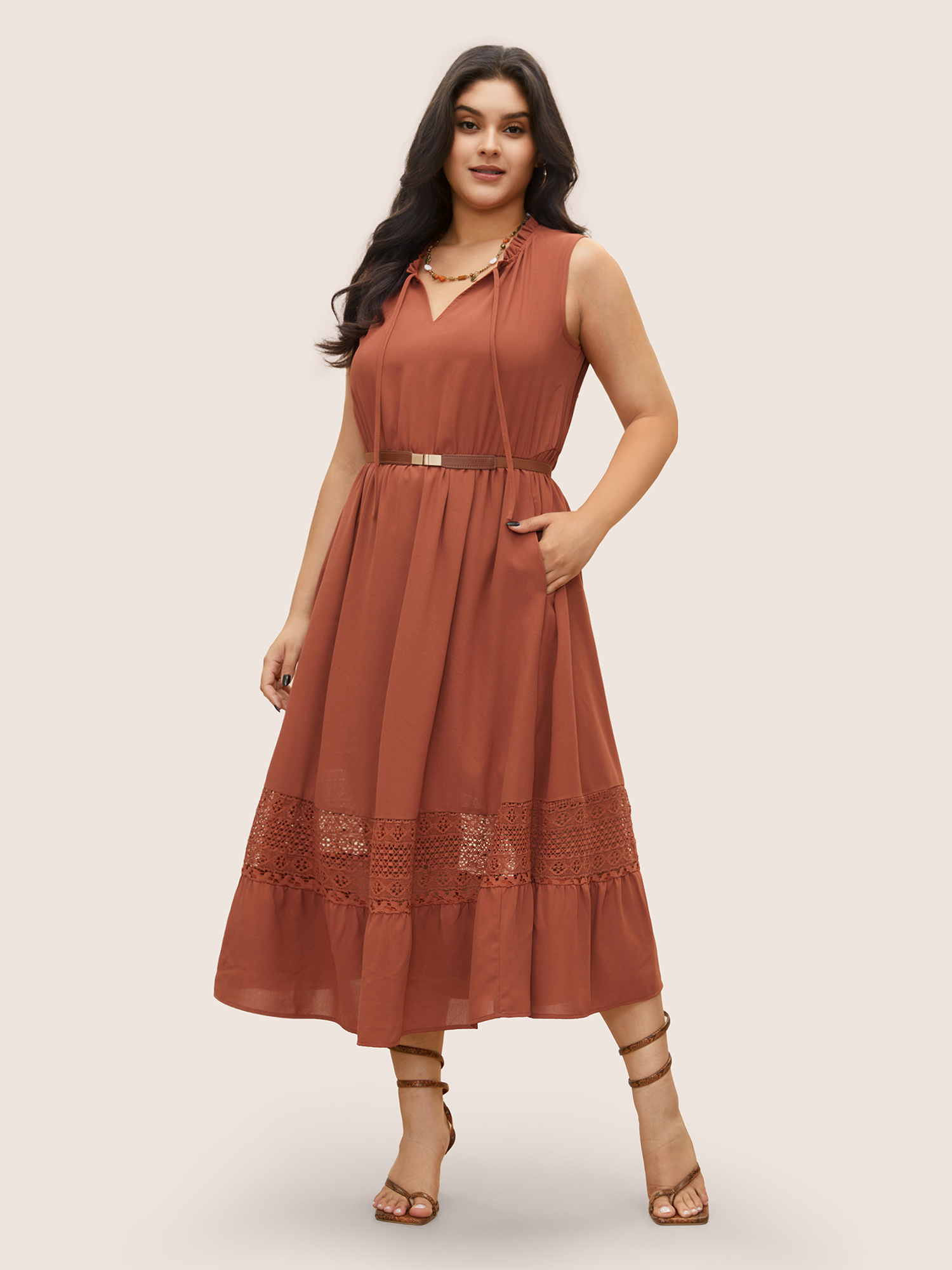 

Plus Size Lace Panel Tie Neck Frill Trim Tank Dress Rust Women Resort Non V-neck Sleeveless Curvy Midi Dress BloomChic