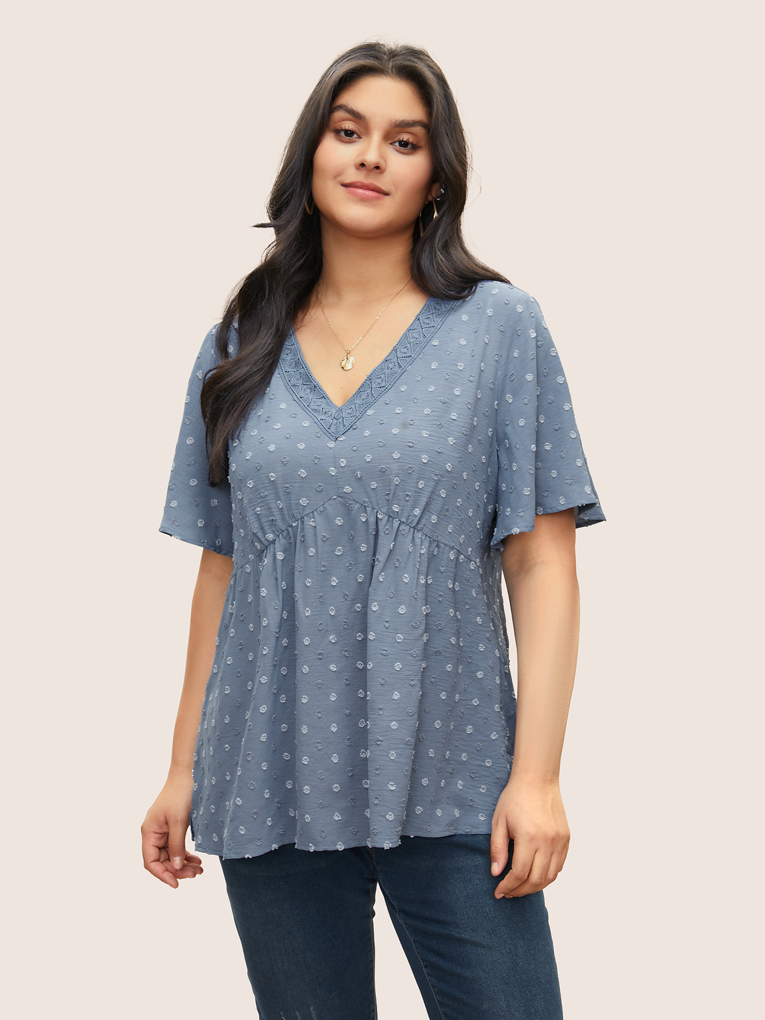 

Plus Size Stone Polka Dot Textured Lace Panel Blouse Women Casual Short sleeve V-neck Everyday Blouses BloomChic