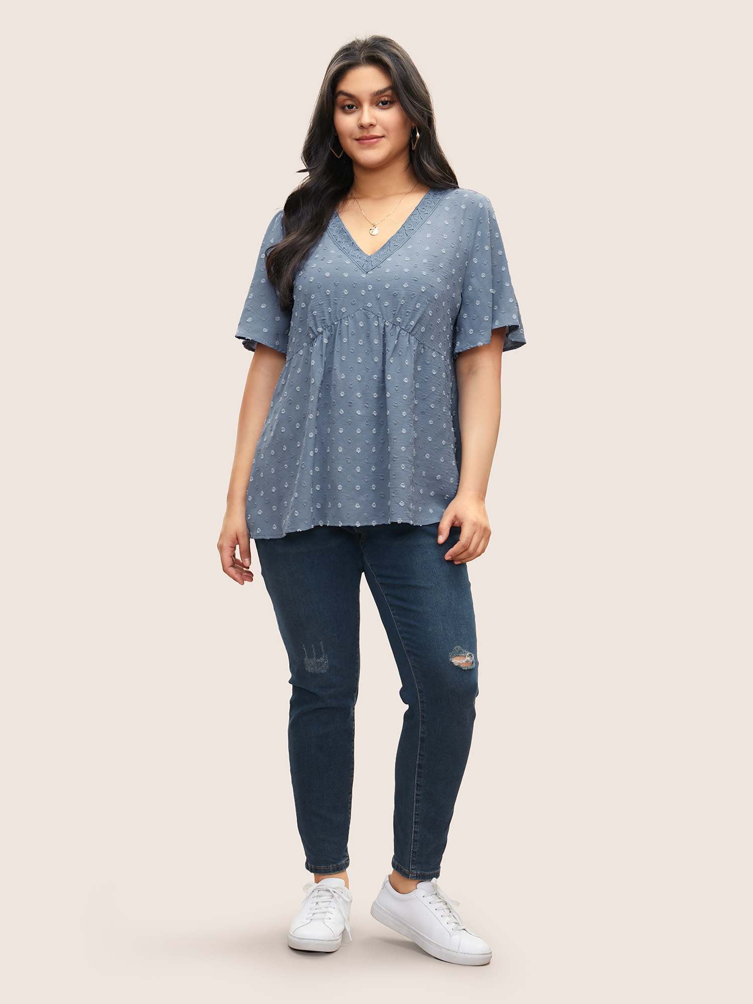 

Plus Size Stone Polka Dot Textured Lace Panel Blouse Women Casual Short sleeve V-neck Everyday Blouses BloomChic