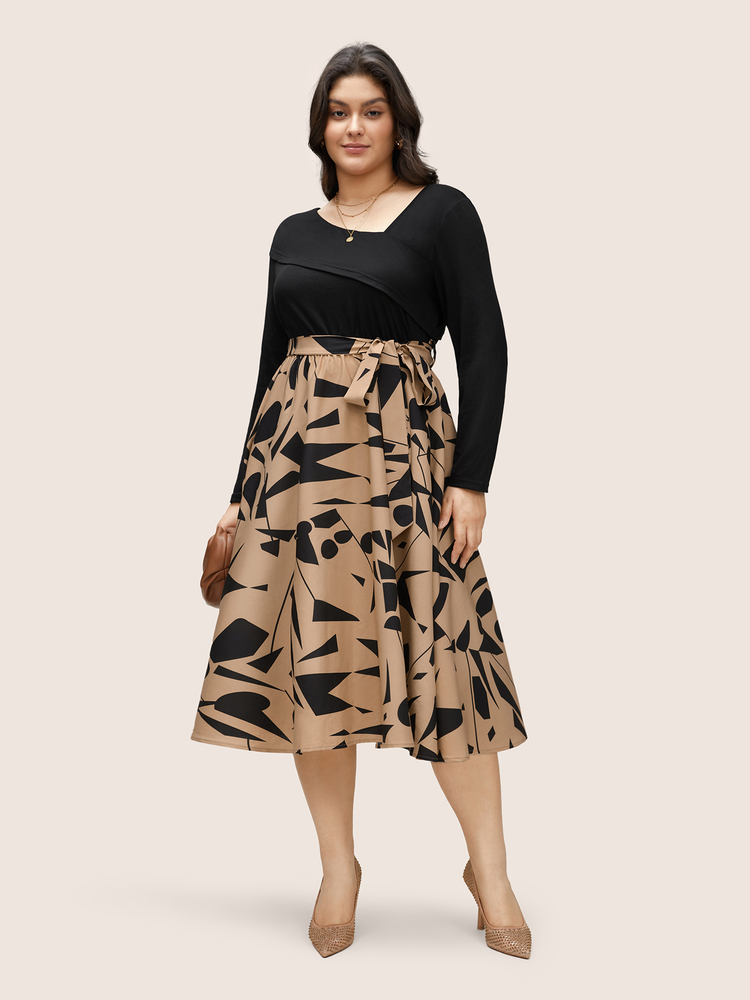 

Plus Size Geometric Contrast Patchwork Asymmetrical Neck Belted Dress Black Women At the Office Non Asymmetrical Neck Long Sleeve Curvy Midi Dress BloomChic