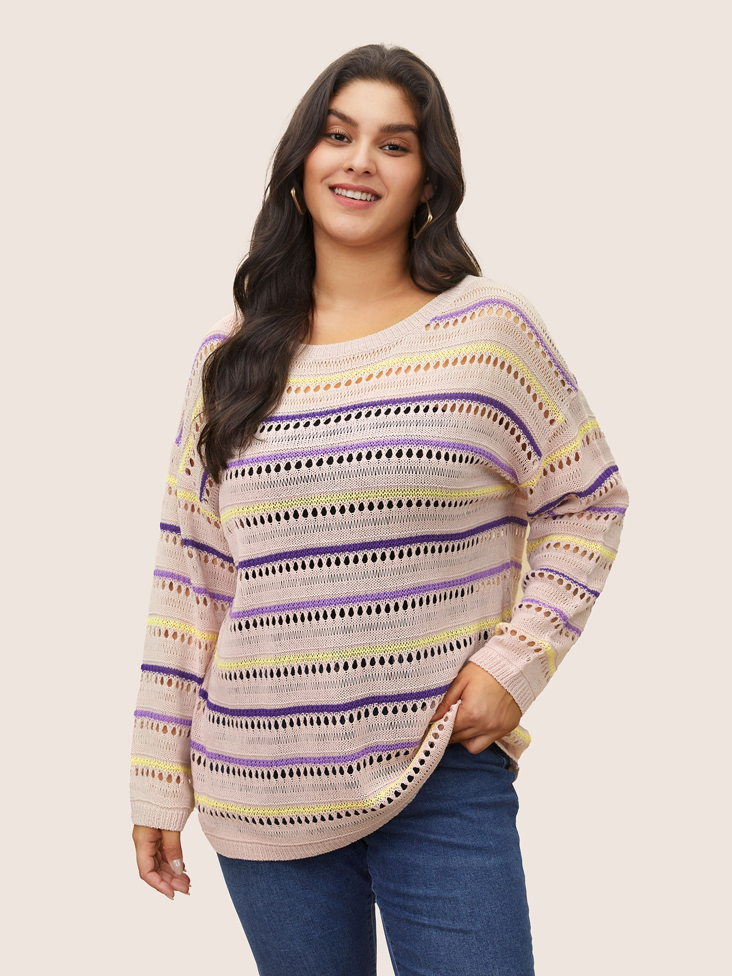 Plus Size Striped Contrast Hollow Out Drop Shoulder Pullover MistyRose Long Sleeve Round Neck Casual Knit Tops 22-24/3X Bloomchic 