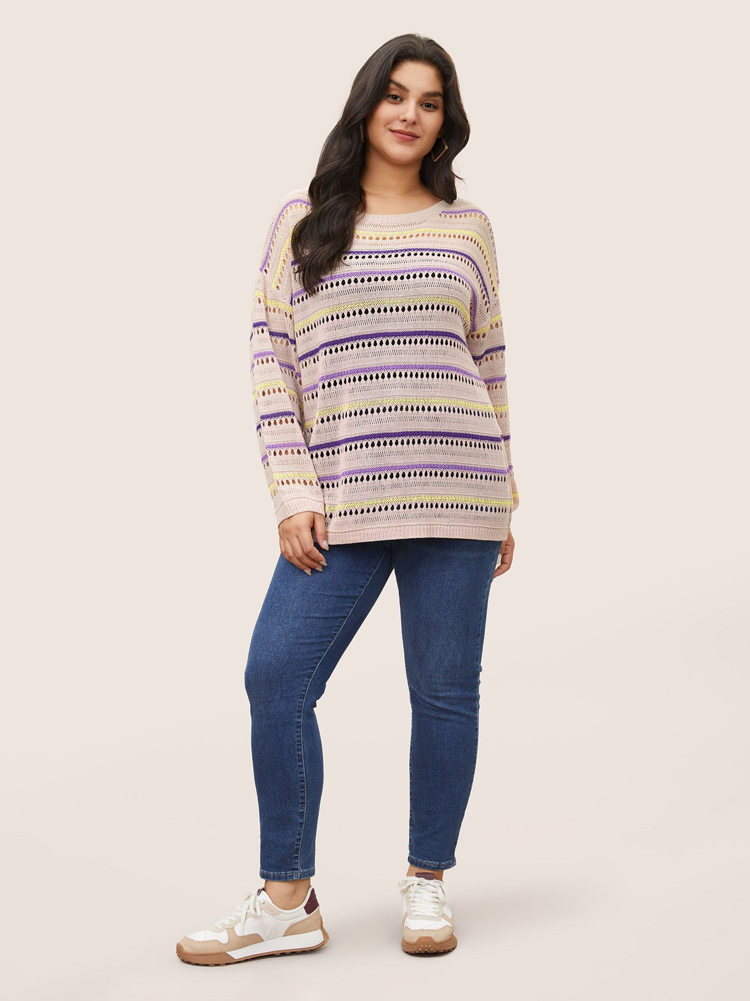 Plus Size Striped Contrast Hollow Out Drop Shoulder Pullover MistyRose Long Sleeve Round Neck Casual Knit Tops 22-24/3X Bloomchic 