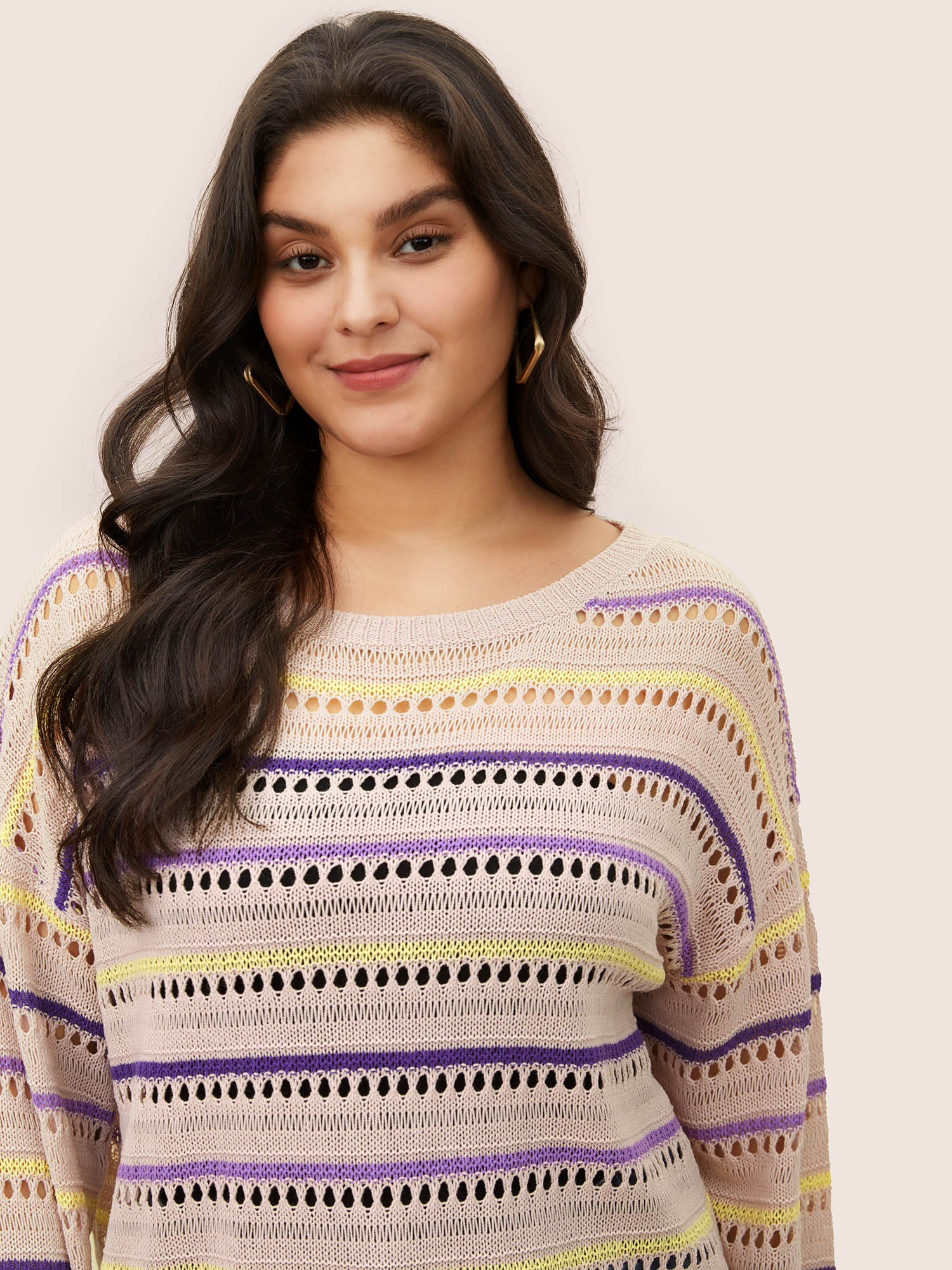 Plus Size Striped Contrast Hollow Out Drop Shoulder Pullover MistyRose Long Sleeve Round Neck Casual Knit Tops 22-24/3X Bloomchic 