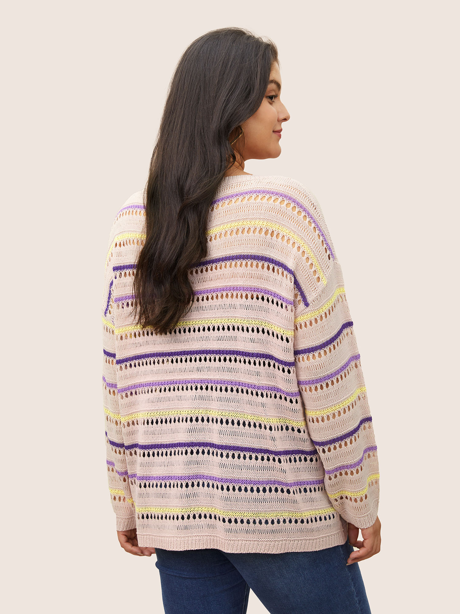 Plus Size Striped Contrast Hollow Out Drop Shoulder Pullover MistyRose Long Sleeve Round Neck Casual Knit Tops 22-24/3X Bloomchic 