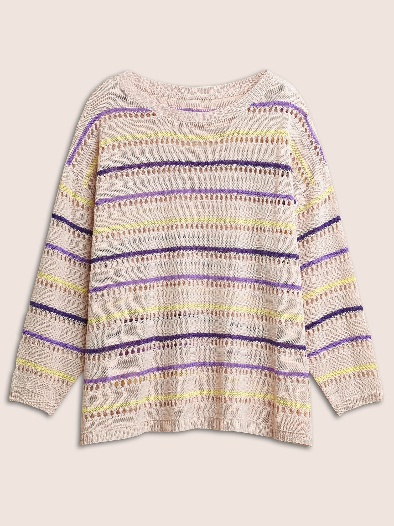 Plus Size Striped Contrast Hollow Out Drop Shoulder Pullover MistyRose Long Sleeve Round Neck Casual Knit Tops 22-24/3X Bloomchic 