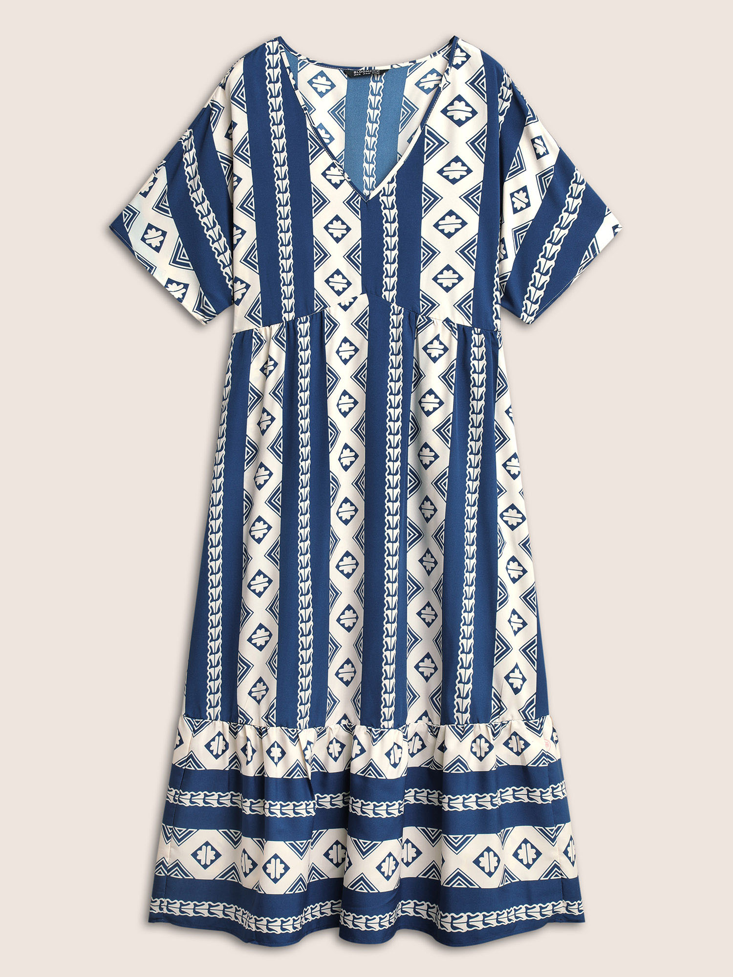 Plus Size Bandana Print Patchwork Elastic Waist Dress DarkBlue Women Resort Non V-neck Short sleeve Curvy Midi Dress BloomChic 26/4X 