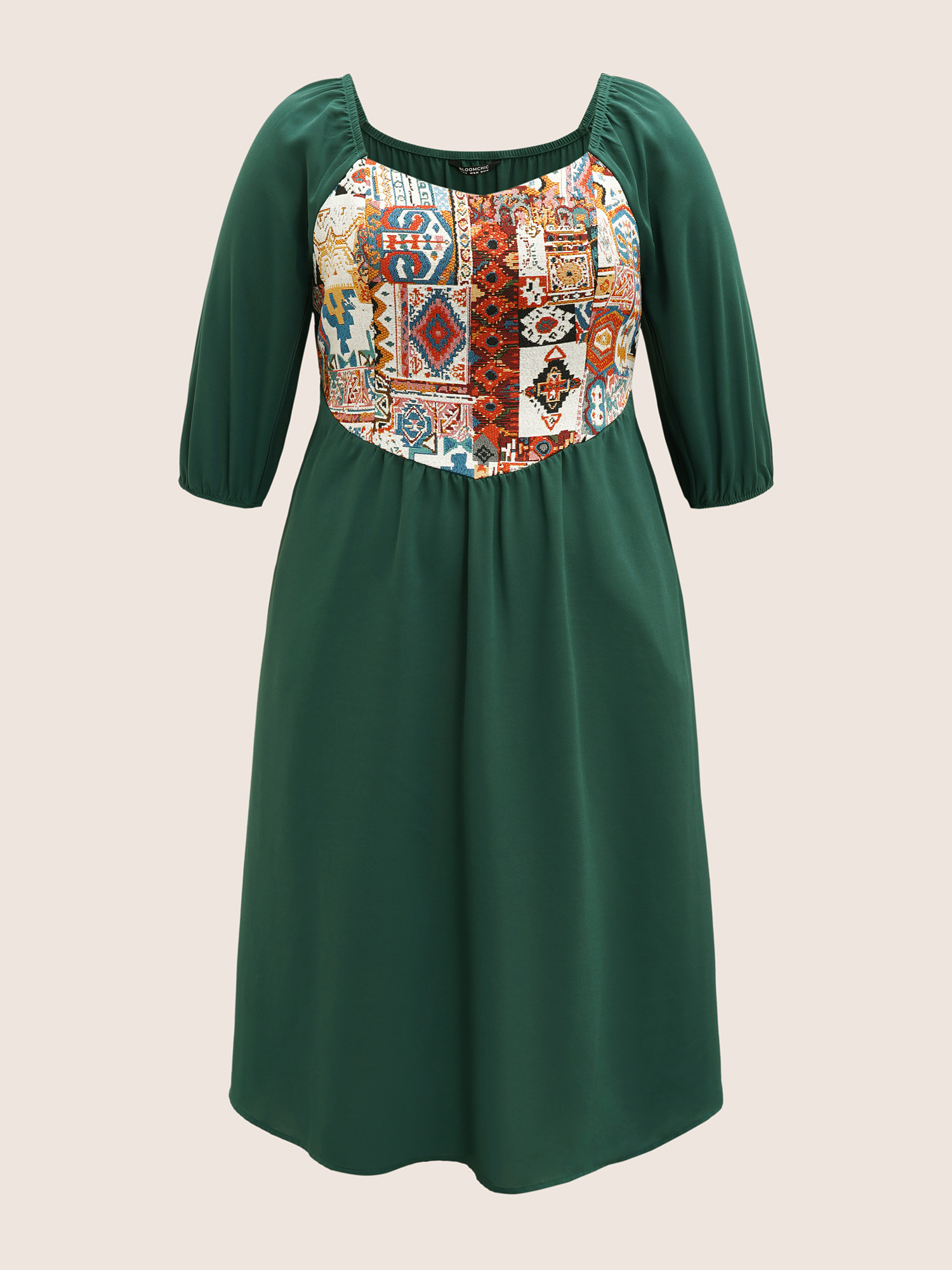 

Plus Size Bandana Print Patchwork Square Neck Dress DarkGreen Women Non Curvy Midi Dress BloomChic