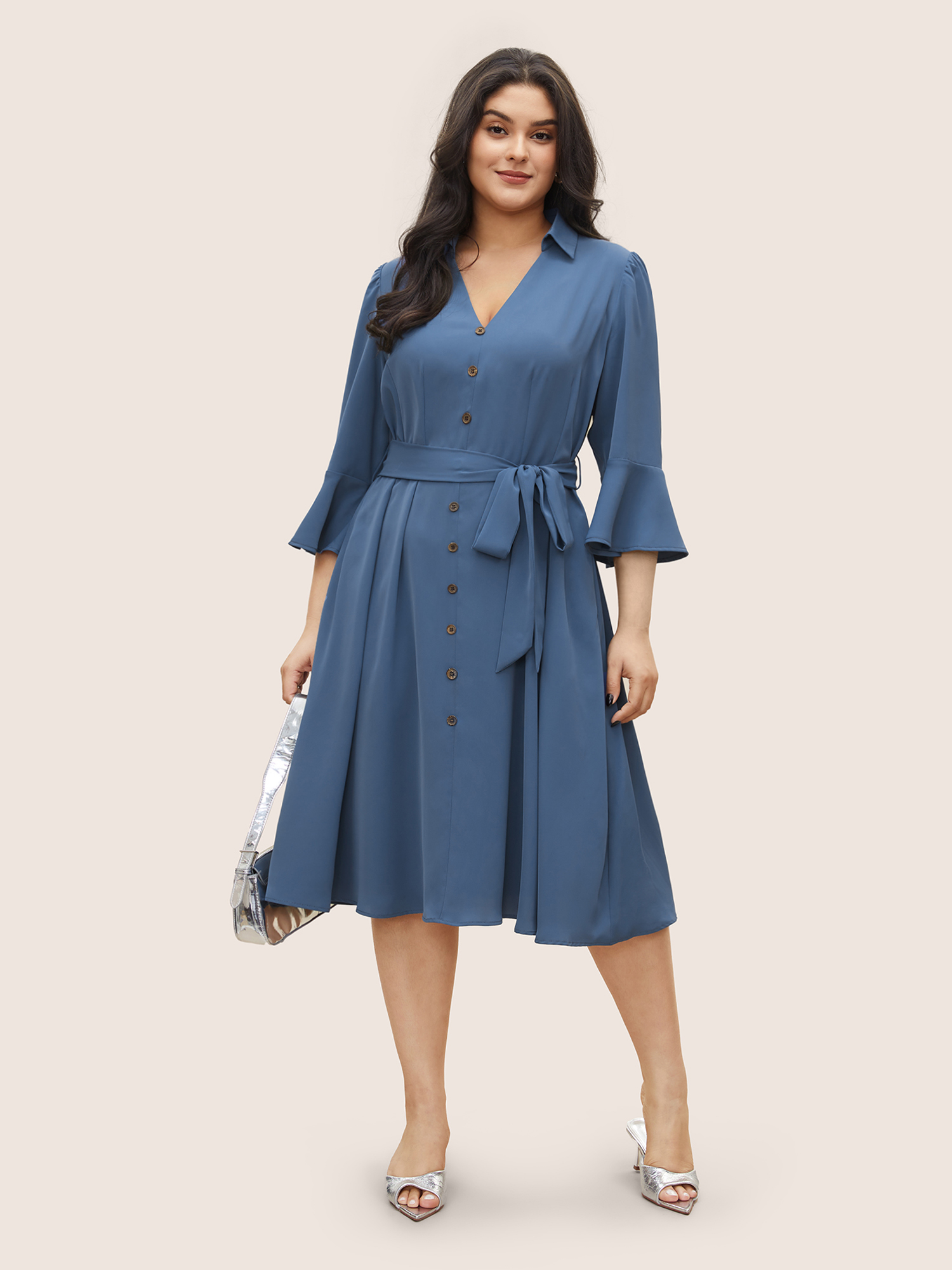 

Plus Size Solid Belted Pleated Ruffle Sleeve Dress Stone Women At the Office Non Lapel Collar Elbow-length sleeve Curvy Midi Dress BloomChic