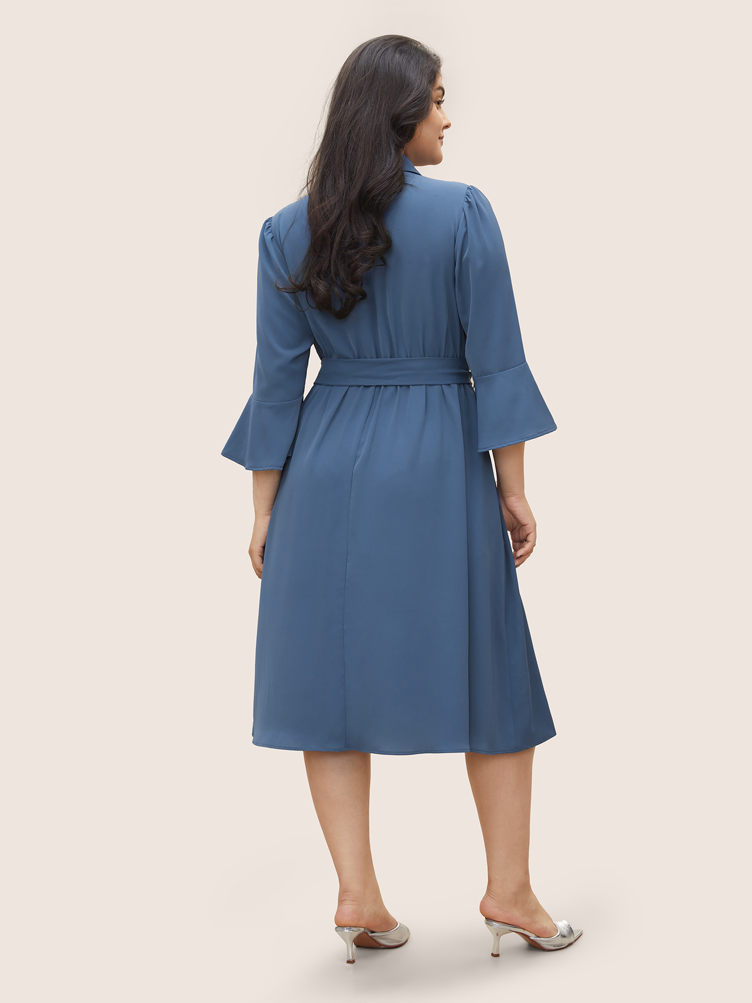 

Plus Size Solid Belted Pleated Ruffle Sleeve Dress Stone Women At the Office Non Lapel Collar Elbow-length sleeve Curvy Midi Dress BloomChic