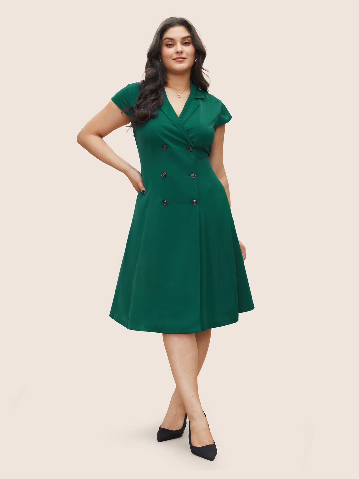 

Plus Size Suit Collar Double Breasted Ruffle Cap Sleeve Dress DarkGreen Women Workwear Essentials Non Suit Collar Cap Sleeve Curvy Midi Dress BloomChic