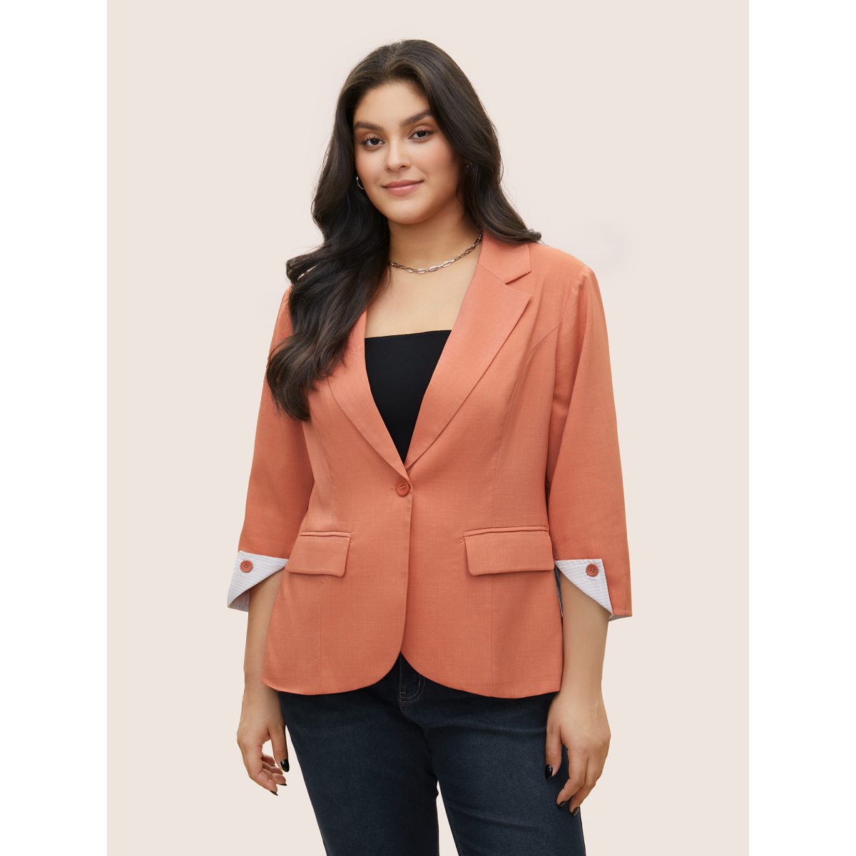 

Plus Size Suit Collar Plain Striped Lined Blazer OrangeRed Women Work Plain Non  Open pocket with flap At the Office Blazers BloomChic