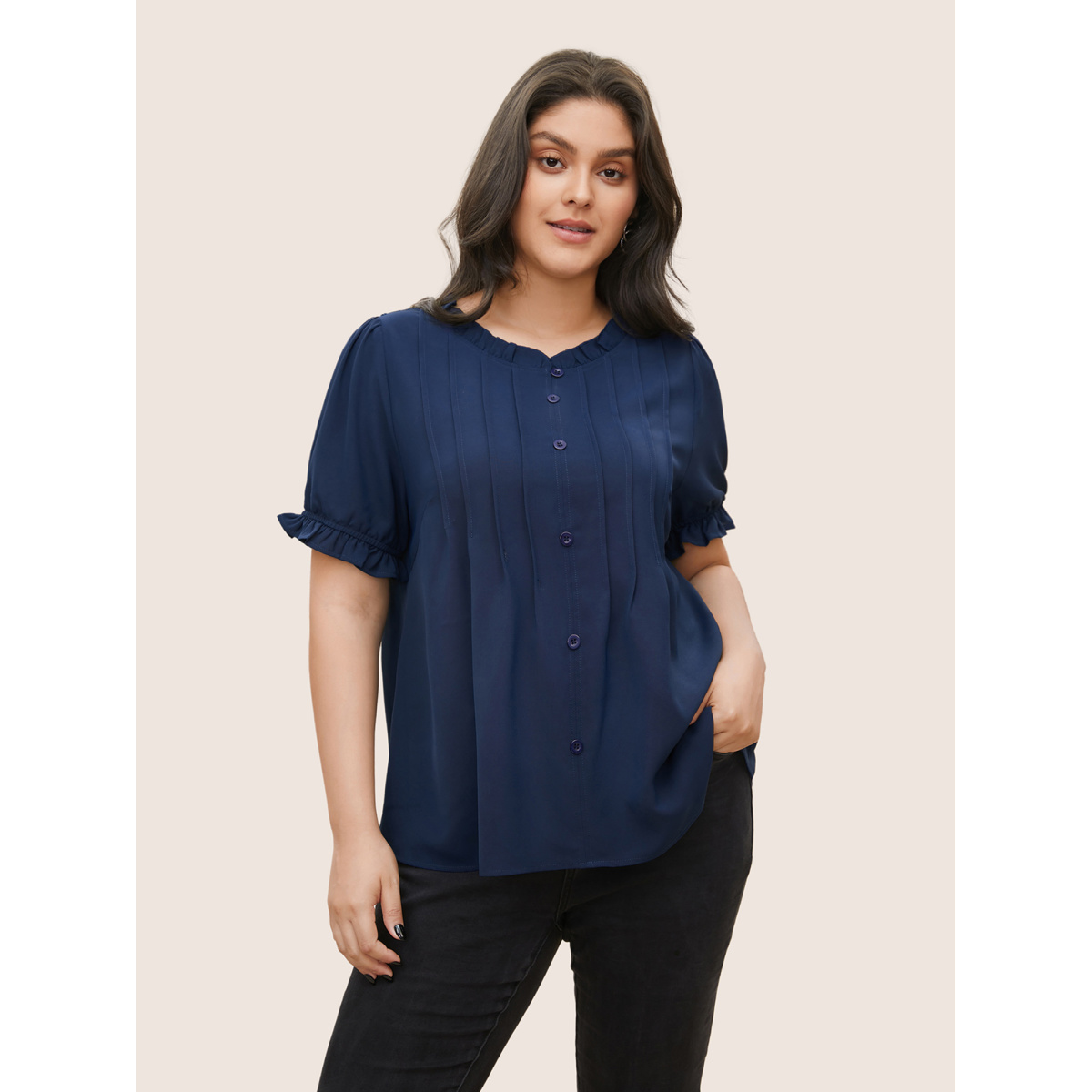 

Plus Size Indigo Plain Mesh Lace Patchwork Pleated Frill Trim Blouse Women Casual Short sleeve Stand-up collar Everyday Blouses BloomChic