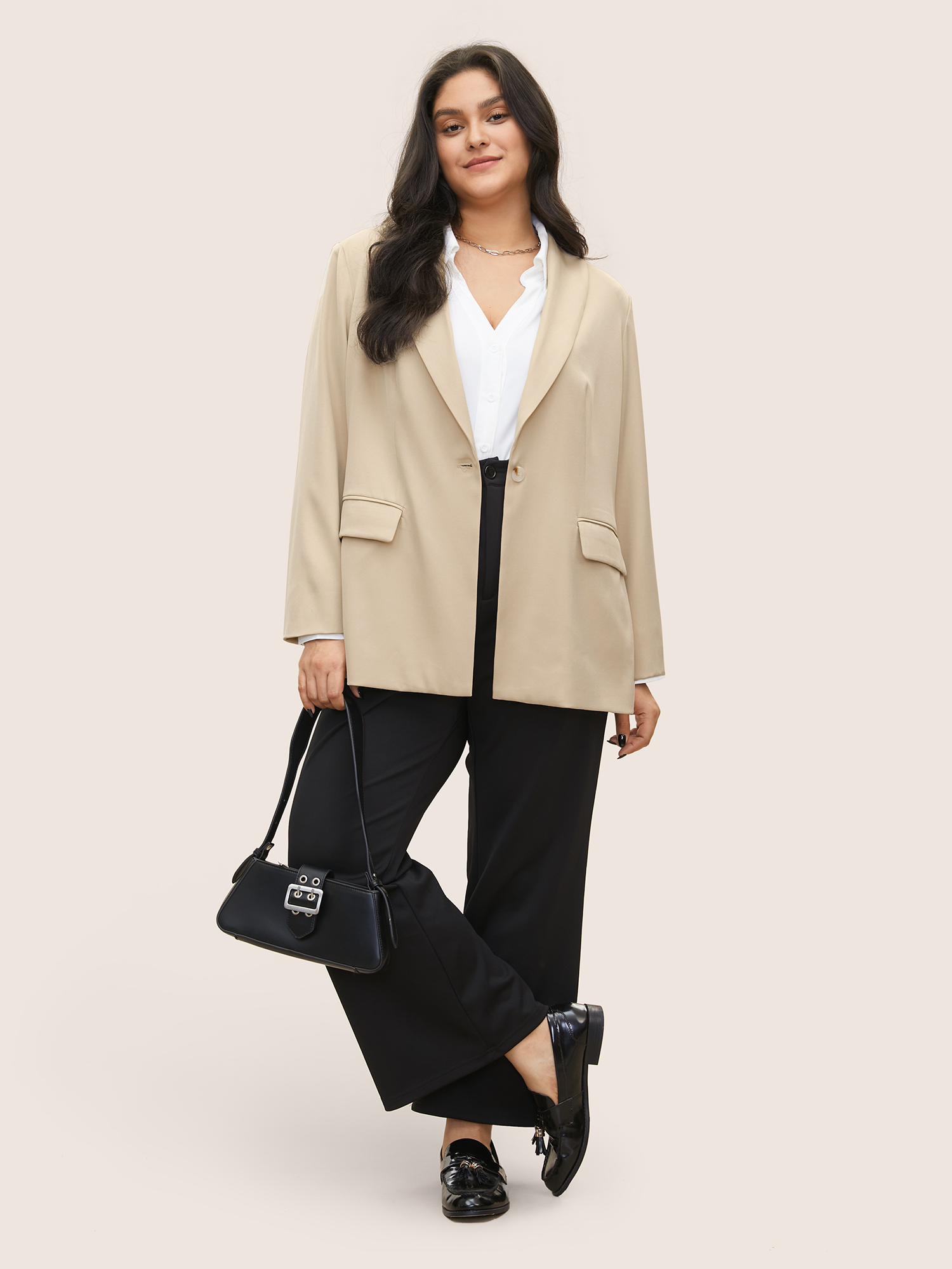 Plus Size Anti-Wrinkle Suit Collar Flap Detail Blazer Apricot Women Work Plain Non 30/6X Open pocket with flap Workwear Essentials Blazers BloomChic 