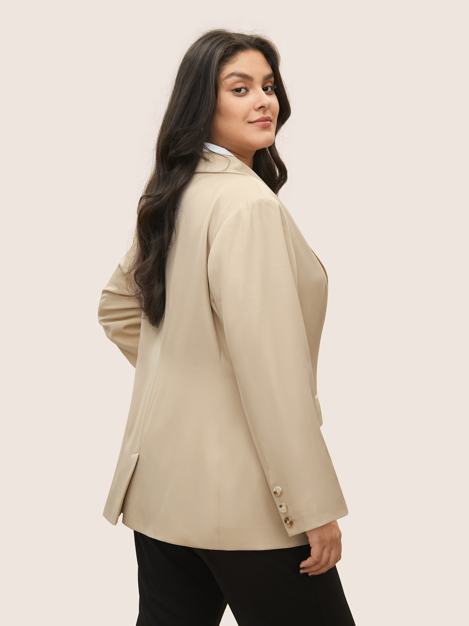 Plus Size Anti-Wrinkle Suit Collar Flap Detail Blazer Apricot Women Work Plain Non 30/6X Open pocket with flap Workwear Essentials Blazers BloomChic 