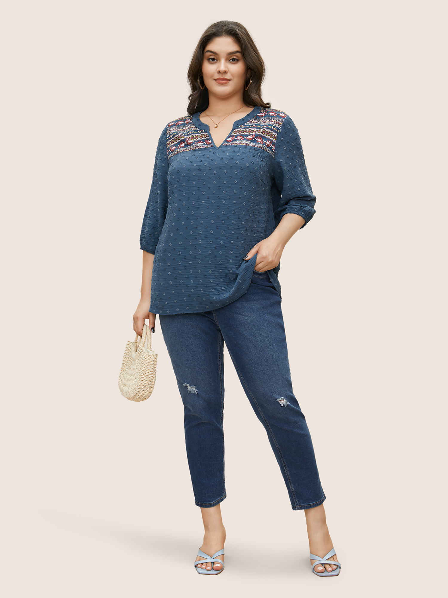 Plus Size Aegean Boho Print Patchwork Texture Notched Blouse Women Work From Home Long Sleeve Flat collar with V-notch Work Blouses BloomChic 10/M 