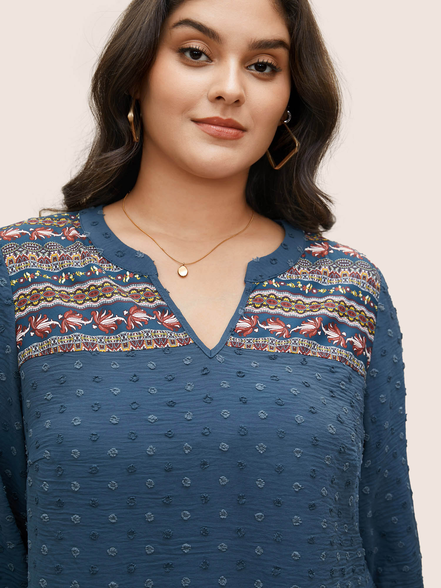Plus Size Aegean Boho Print Patchwork Texture Notched Blouse Women Work From Home Long Sleeve Flat collar with V-notch Work Blouses BloomChic 10/M 