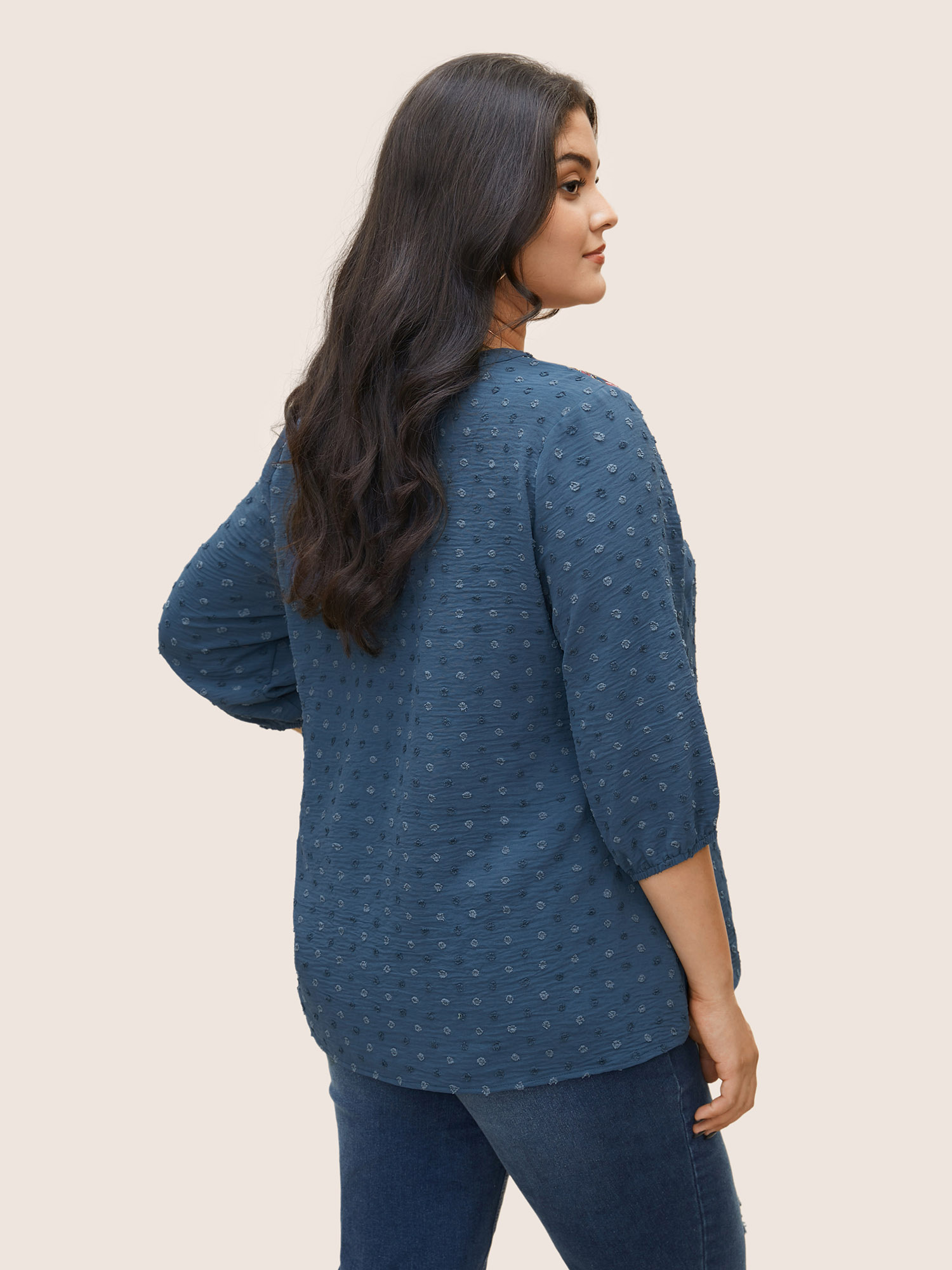Plus Size Aegean Boho Print Patchwork Texture Notched Blouse Women Work From Home Long Sleeve Flat collar with V-notch Work Blouses BloomChic 10/M 