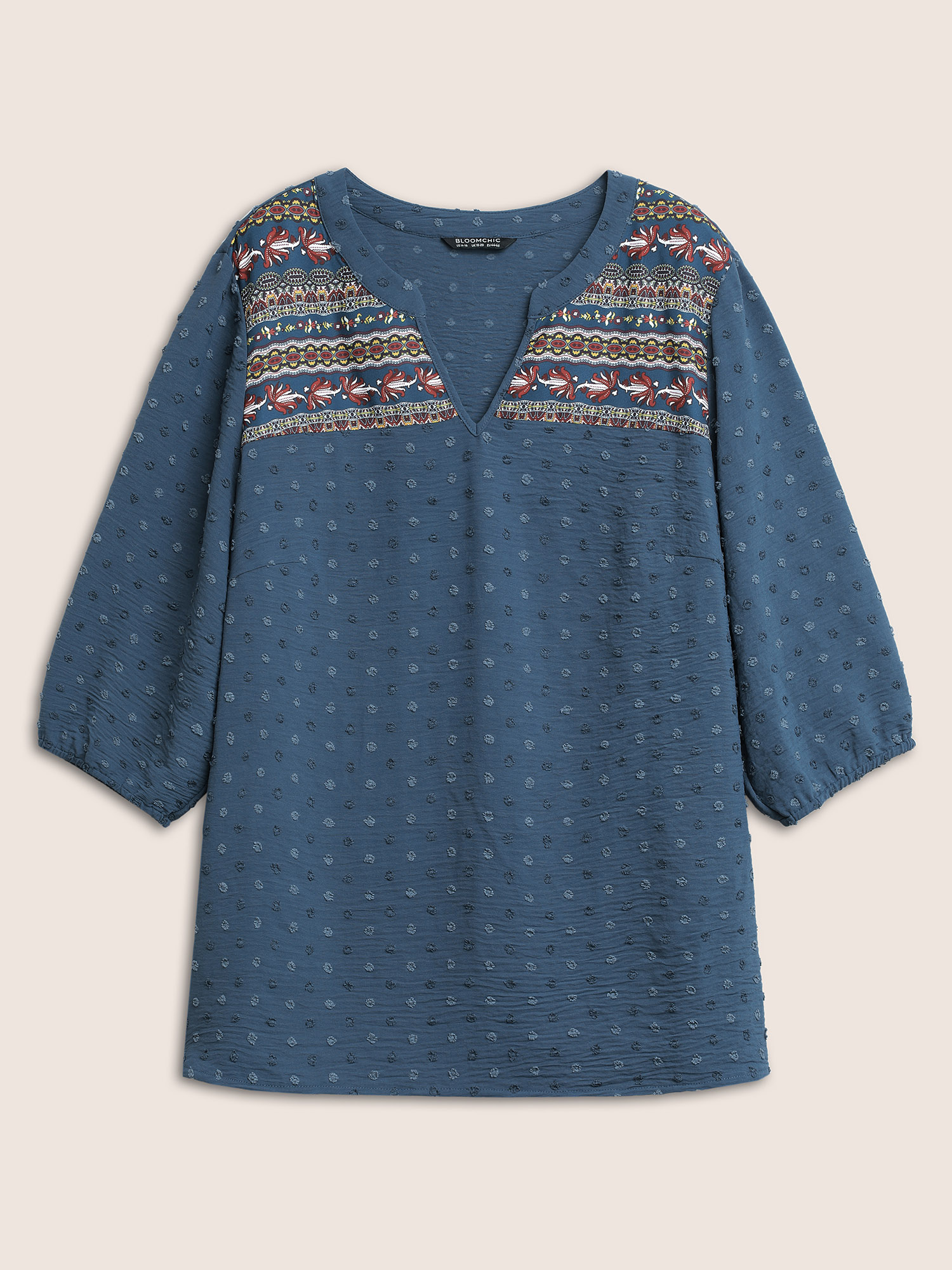 Plus Size Aegean Boho Print Patchwork Texture Notched Blouse Women Work From Home Long Sleeve Flat collar with V-notch Work Blouses BloomChic 10/M 