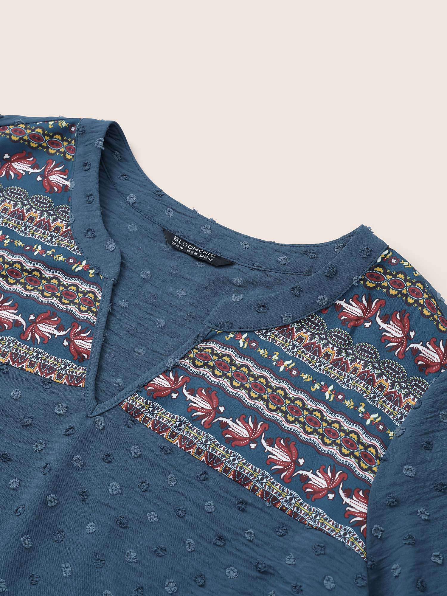 Plus Size Aegean Boho Print Patchwork Texture Notched Blouse Women Work From Home Long Sleeve Flat collar with V-notch Work Blouses BloomChic 10/M 