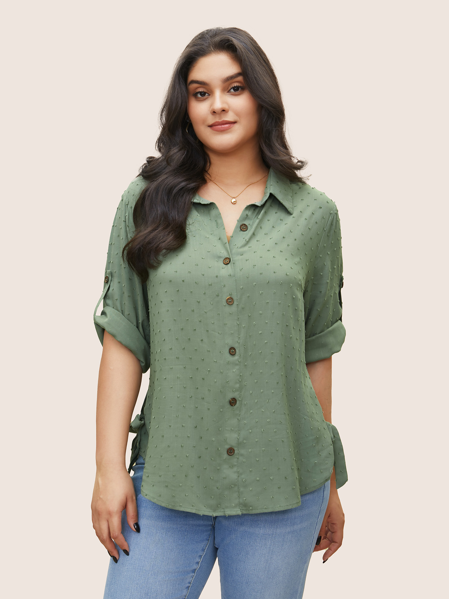 

Plus Size Mint Solid Textured Ties Tab Sleeve Blouse Women At the Office Elbow-length sleeve Shirt collar Work Blouses BloomChic