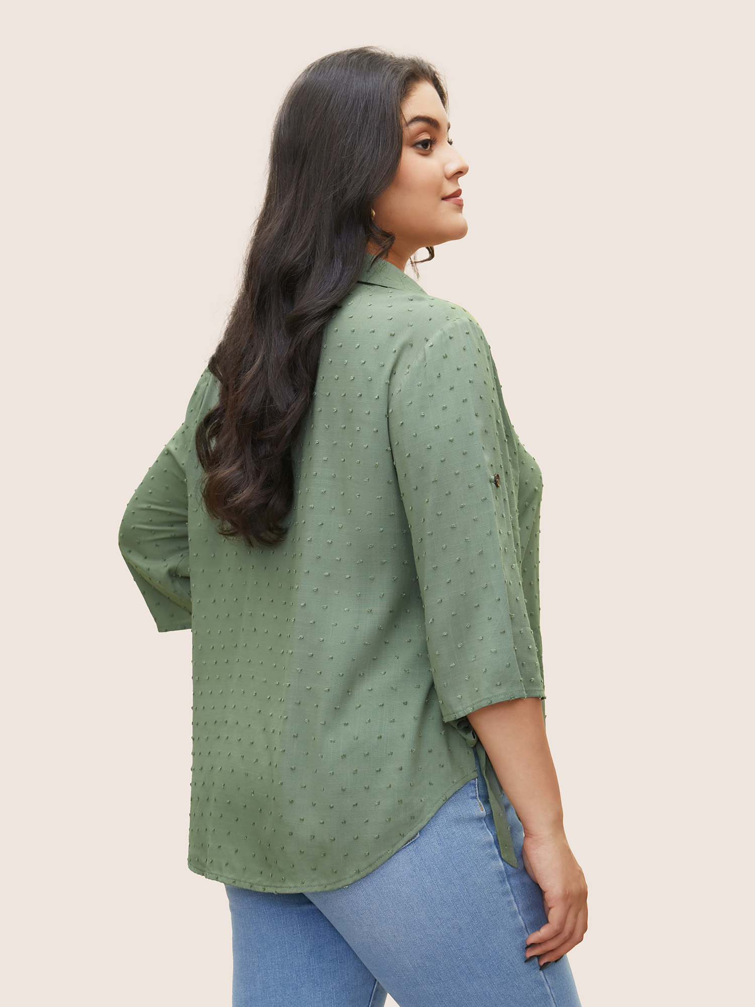 

Plus Size Mint Solid Textured Ties Tab Sleeve Blouse Women At the Office Elbow-length sleeve Shirt collar Work Blouses BloomChic