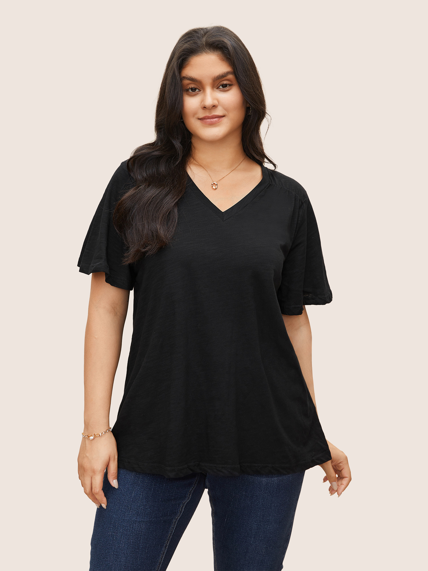 

Plus Size Plain Ruffle Sleeve Heather V Neck T-shirt Black Women Casual Plain V-neck Everyday T-shirts BloomChic